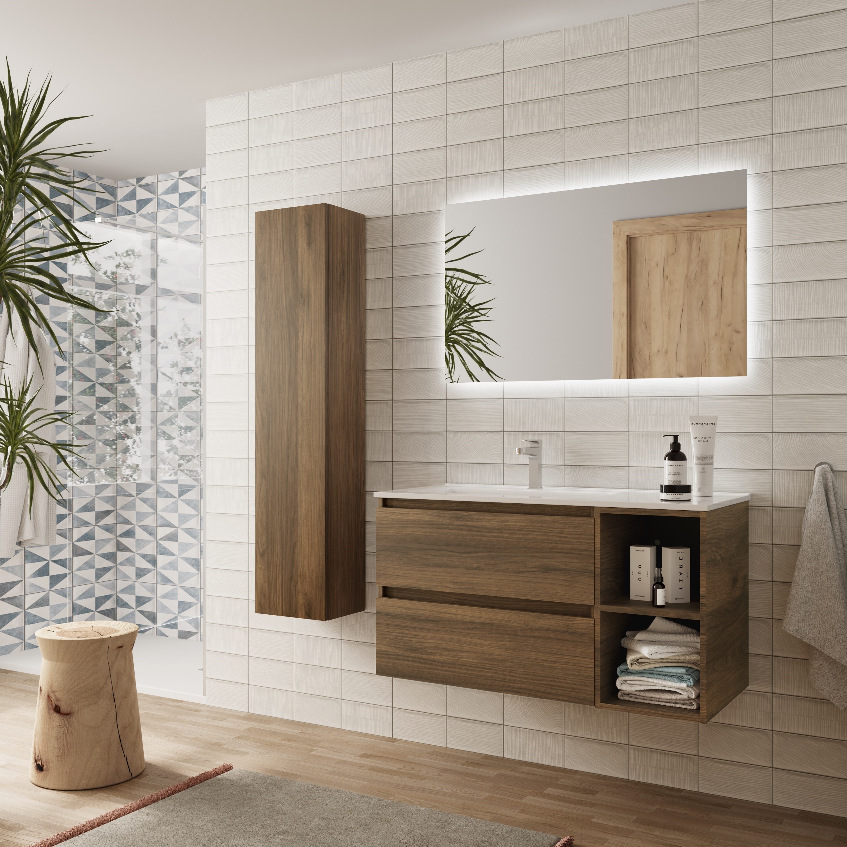 Imagen 3 de Mueble de baño Bequia con Lavabo Oslo con Coqueta 2 huecos Derecha - Nogal 100 cm Nogal