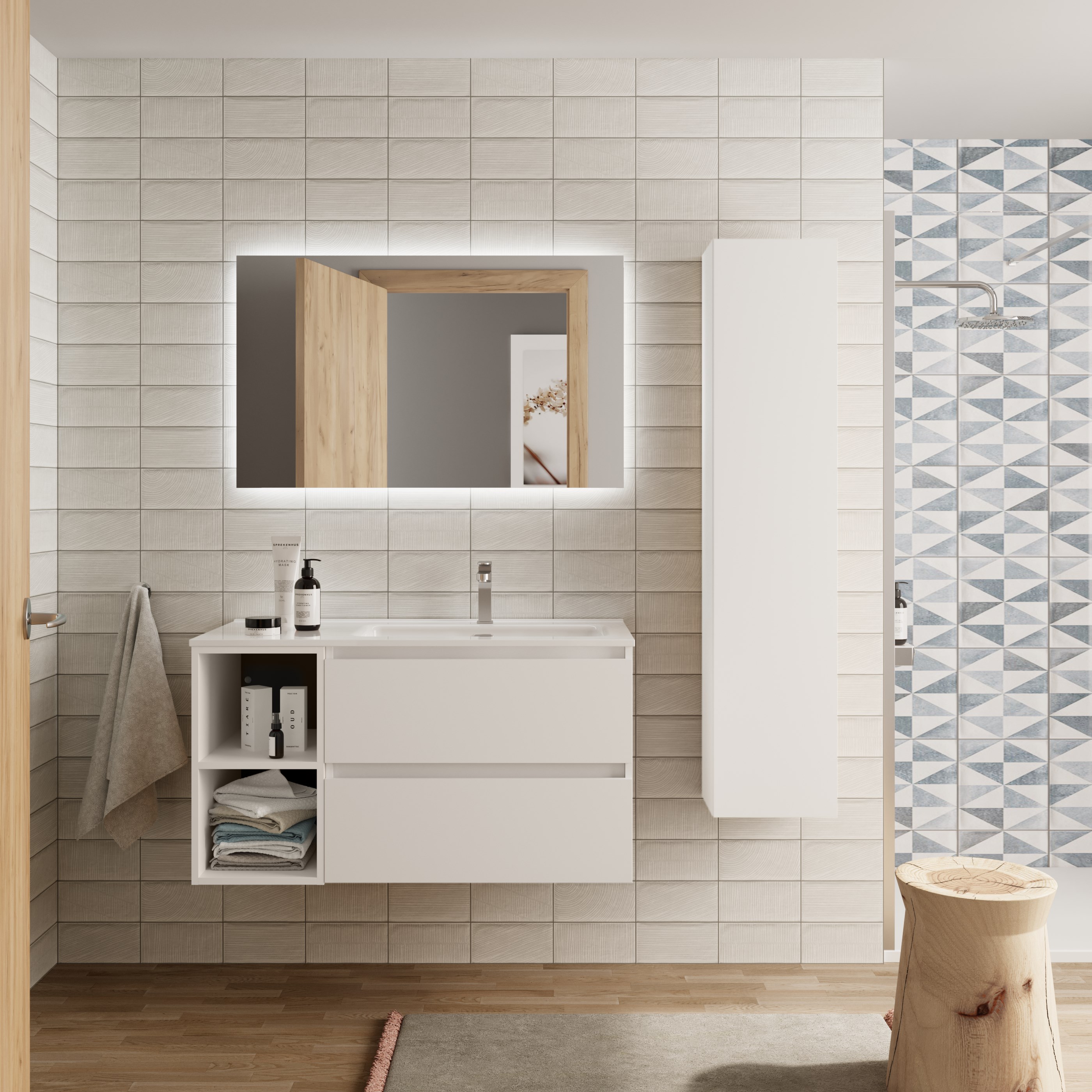 Imagen 2 de Mueble de baño Bequia con Lavabo Oslo con Coqueta 2 huecos Izquierda - Blanco 100 cm Blanco