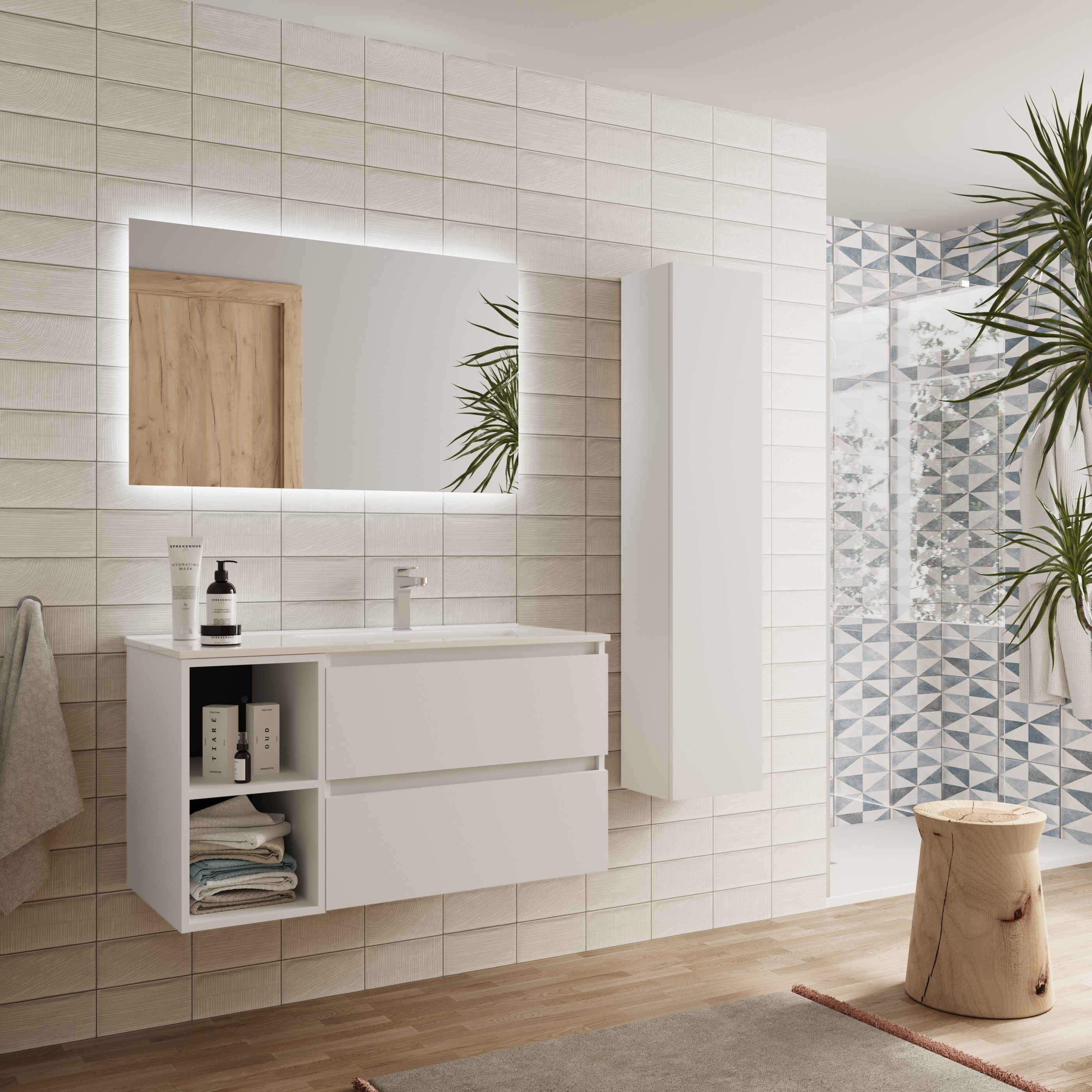 Imagen 3 de Mueble de baño Bequia con Lavabo Oslo con Coqueta 2 huecos Izquierda - Blanco 100 cm Blanco