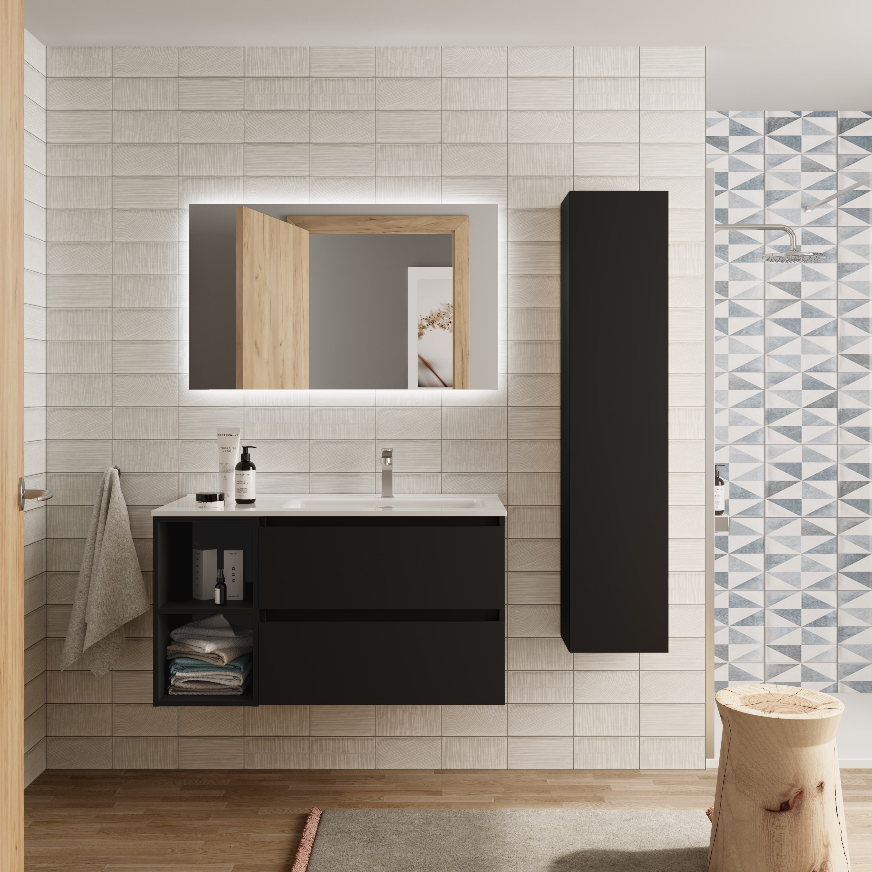 Imagen 2 de Mueble de baño Bequia con Lavabo Oslo con Coqueta 2 huecos Izquierda - Negro 100 cm Negro