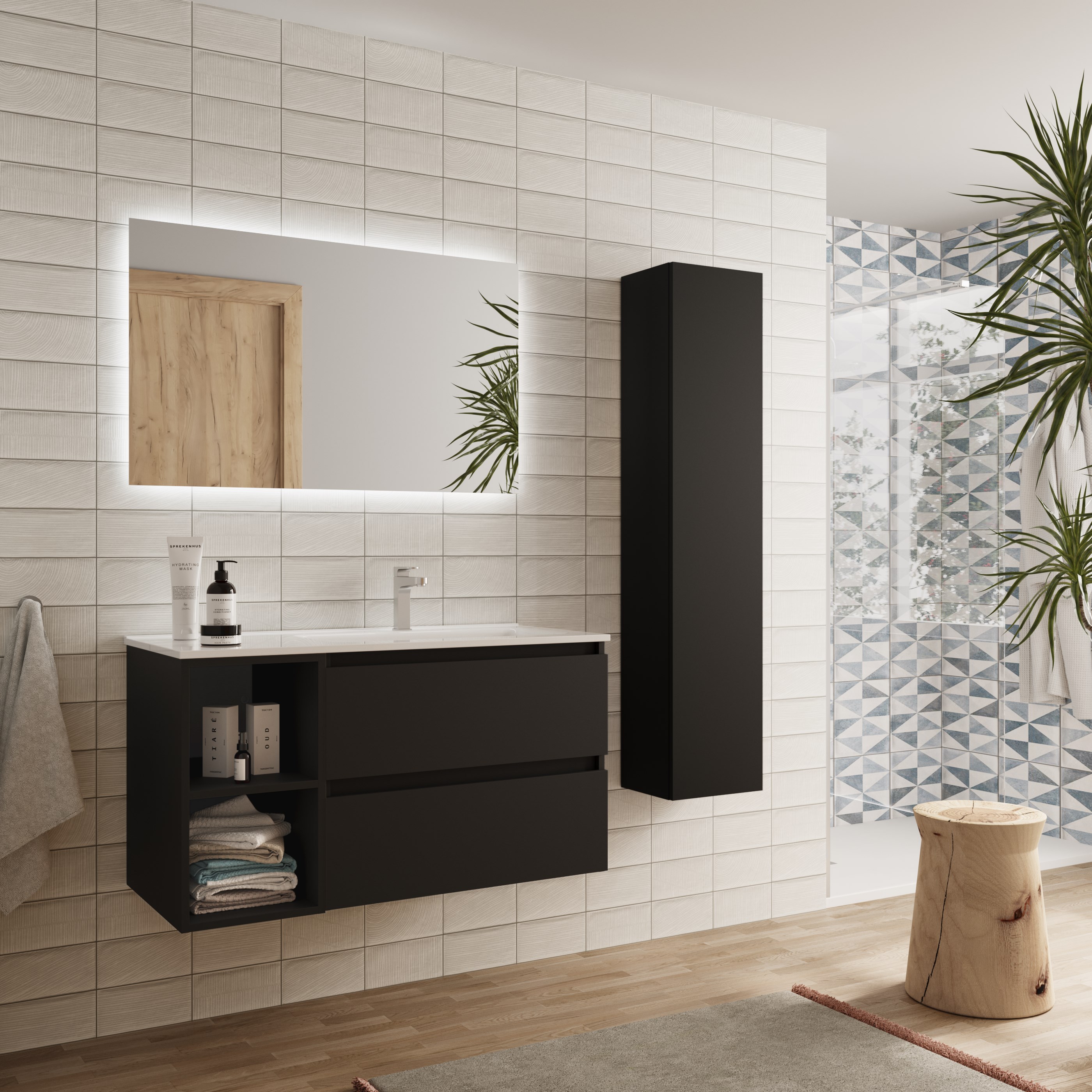 Imagen 3 de Mueble de baño Bequia con Lavabo Oslo con Coqueta 2 huecos Izquierda - Negro 100 cm Negro