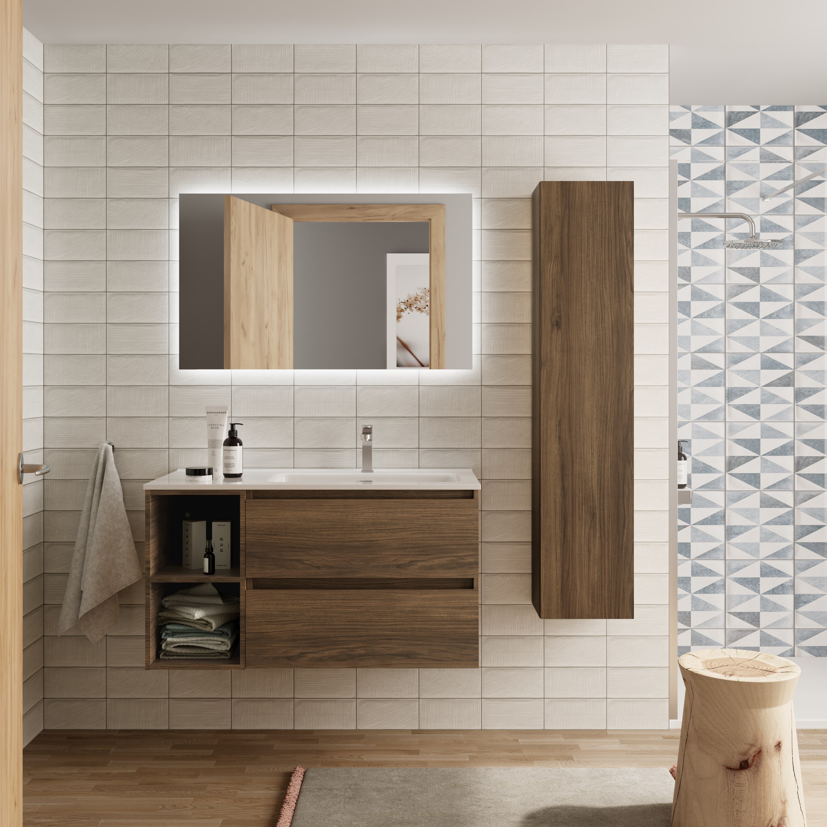 Imagen 2 de Mueble de baño Bequia con Lavabo Oslo con Coqueta 2 huecos Izquierda - Nogal 90 cm Nogal