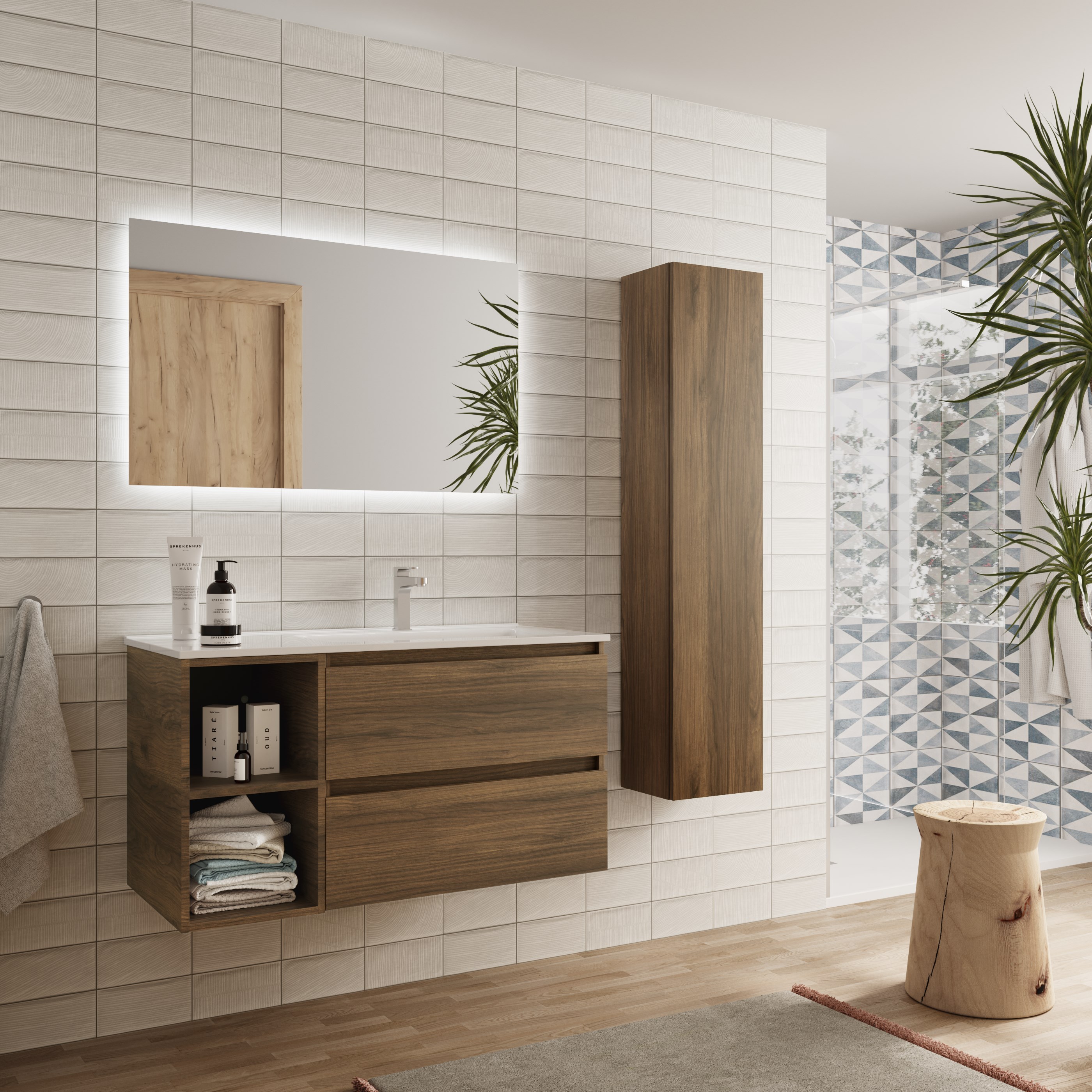 Imagen 3 de Mueble de baño Bequia con Lavabo Oslo con Coqueta 2 huecos Izquierda - Nogal 90 cm Nogal