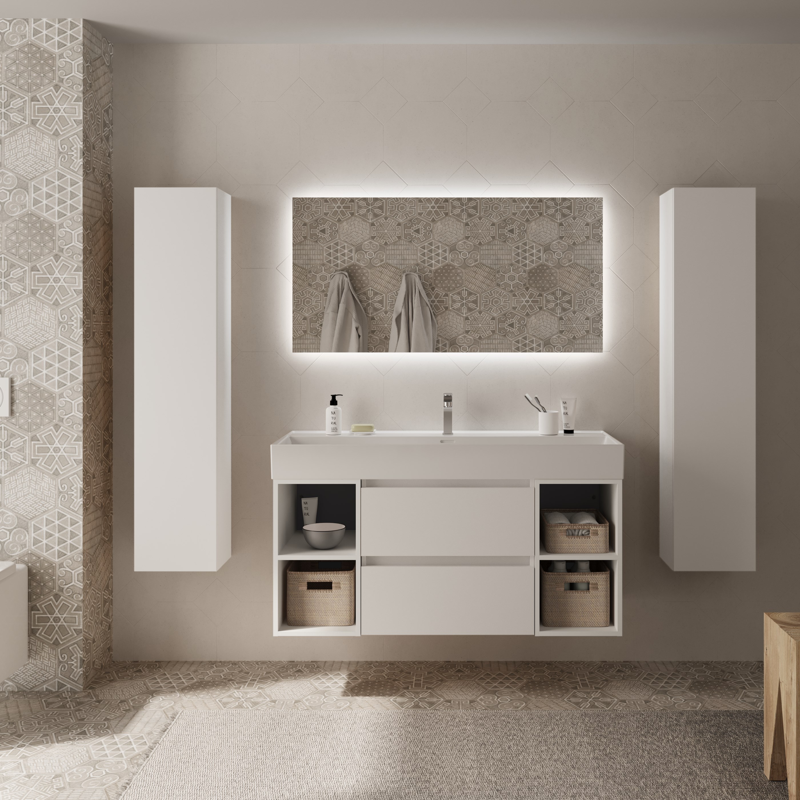 Imagen 2 de Mueble de baño Bequia con Lavabo Roma con 2 Coquetas 2 huecos - Blanco 120 cm Blanco