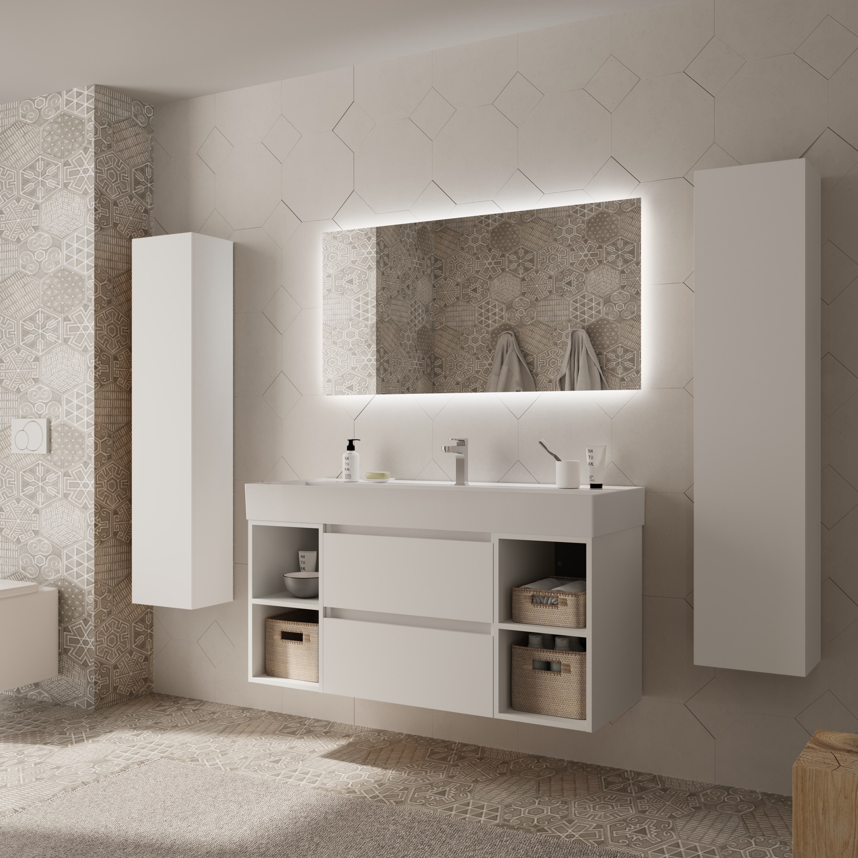 Imagen 3 de Mueble de baño Bequia con Lavabo Roma con 2 Coquetas 2 huecos - Blanco 120 cm Blanco