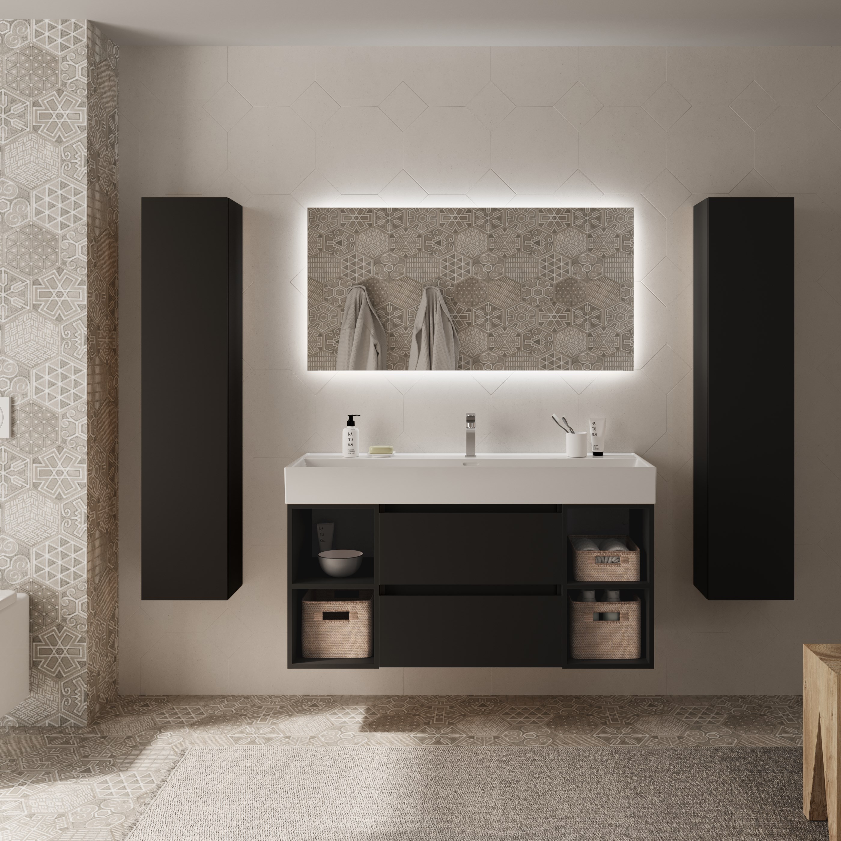Imagen 2 de Mueble de baño Bequia con Lavabo Roma con 2 Coquetas 2 huecos - Negro 120 cm Negro