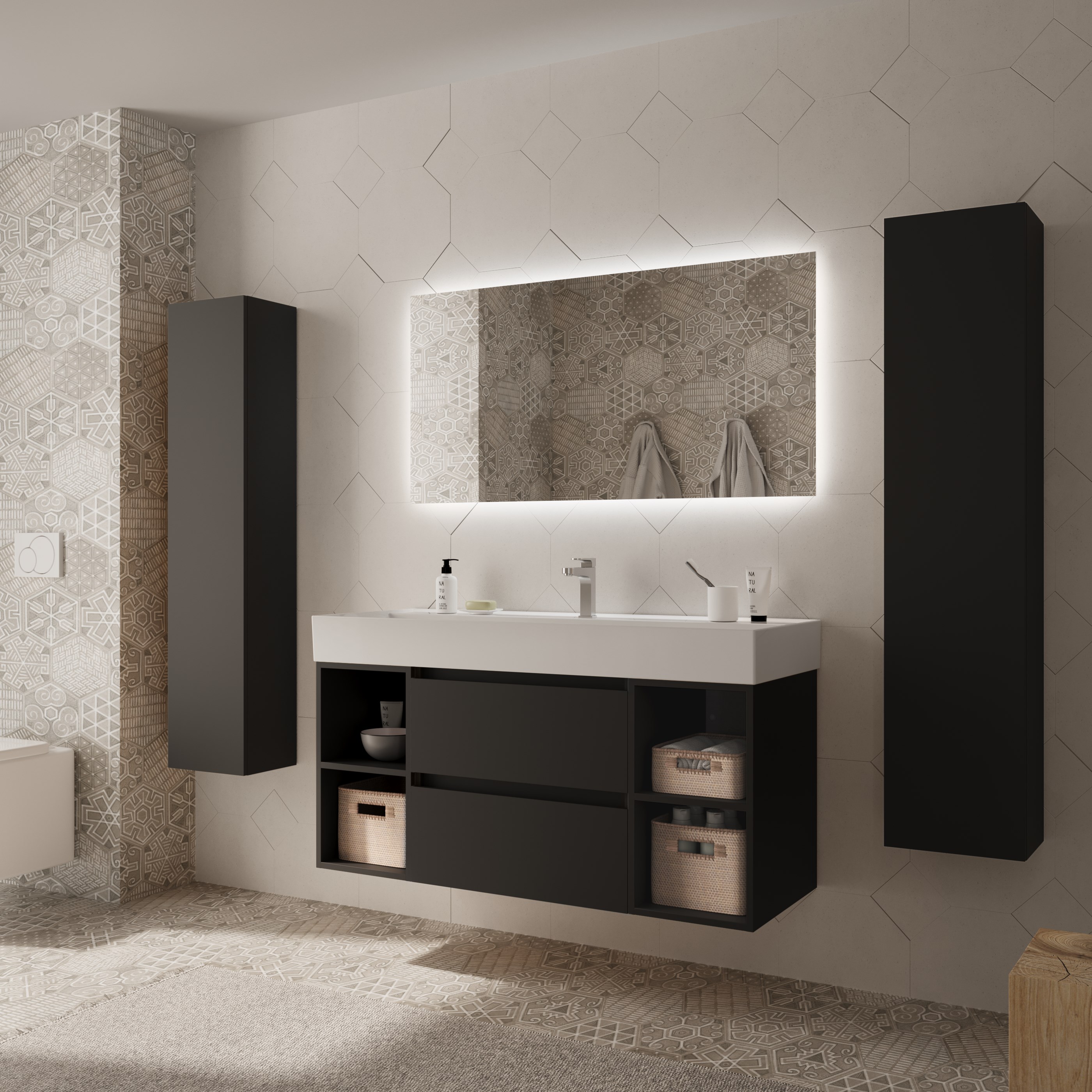 Imagen 3 de Mueble de baño Bequia con Lavabo Roma con 2 Coquetas 2 huecos - Negro 120 cm Negro