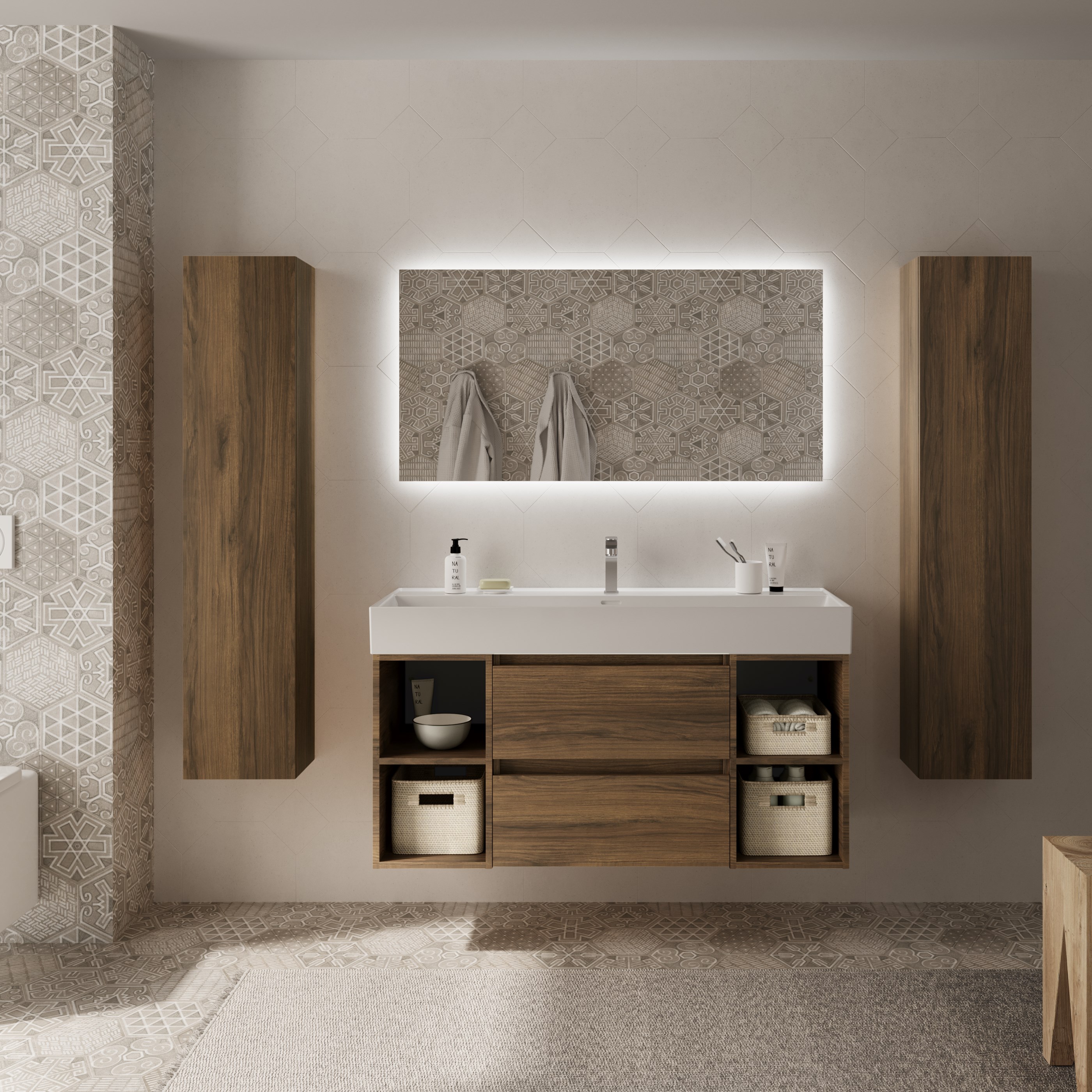 Imagen 2 de Mueble de baño Bequia con Lavabo Roma con 2 Coquetas 2 huecos - Nogal 120 cm Nogal