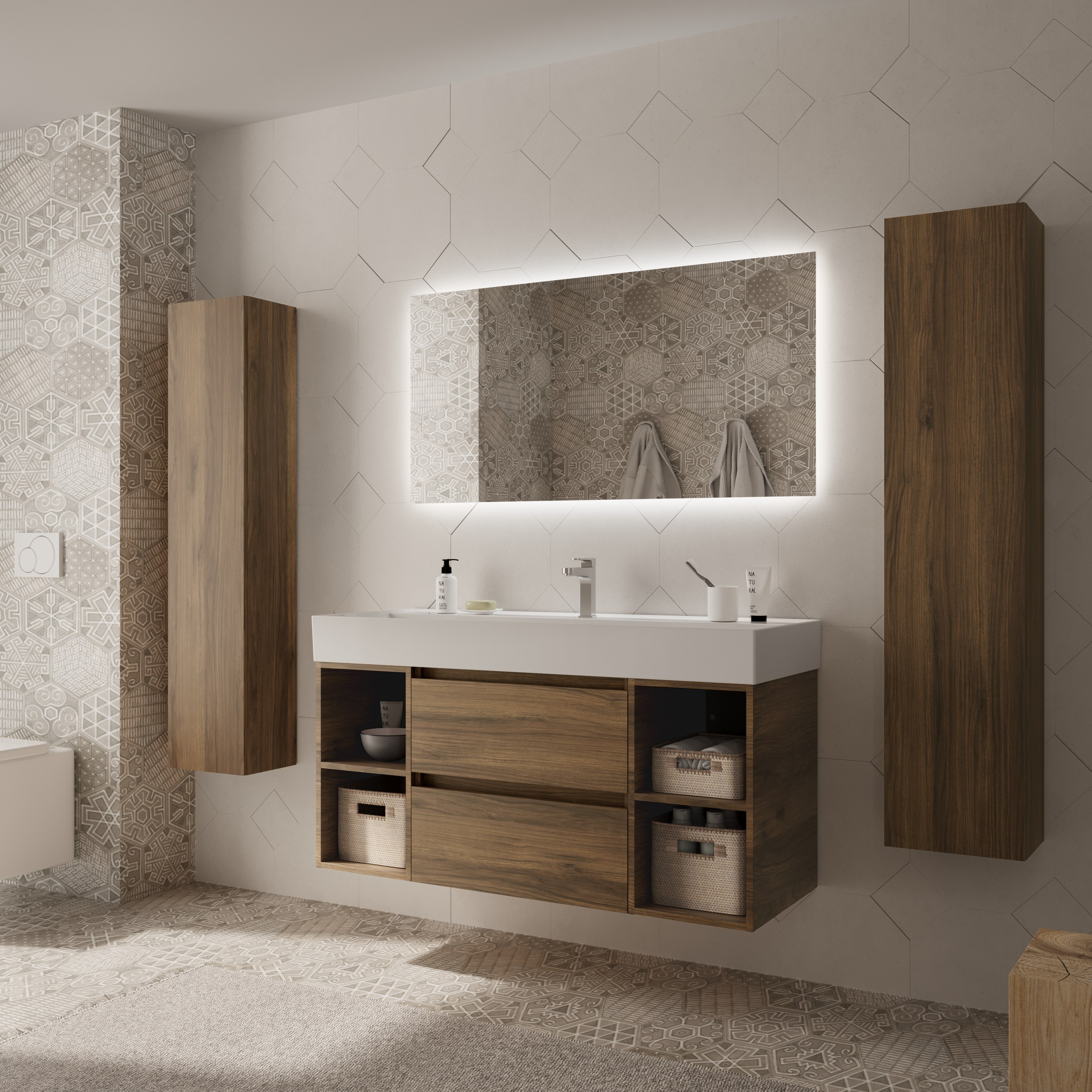 Imagen 3 de Mueble de baño Bequia con Lavabo Roma con 2 Coquetas 2 huecos - Nogal 120 cm Nogal
