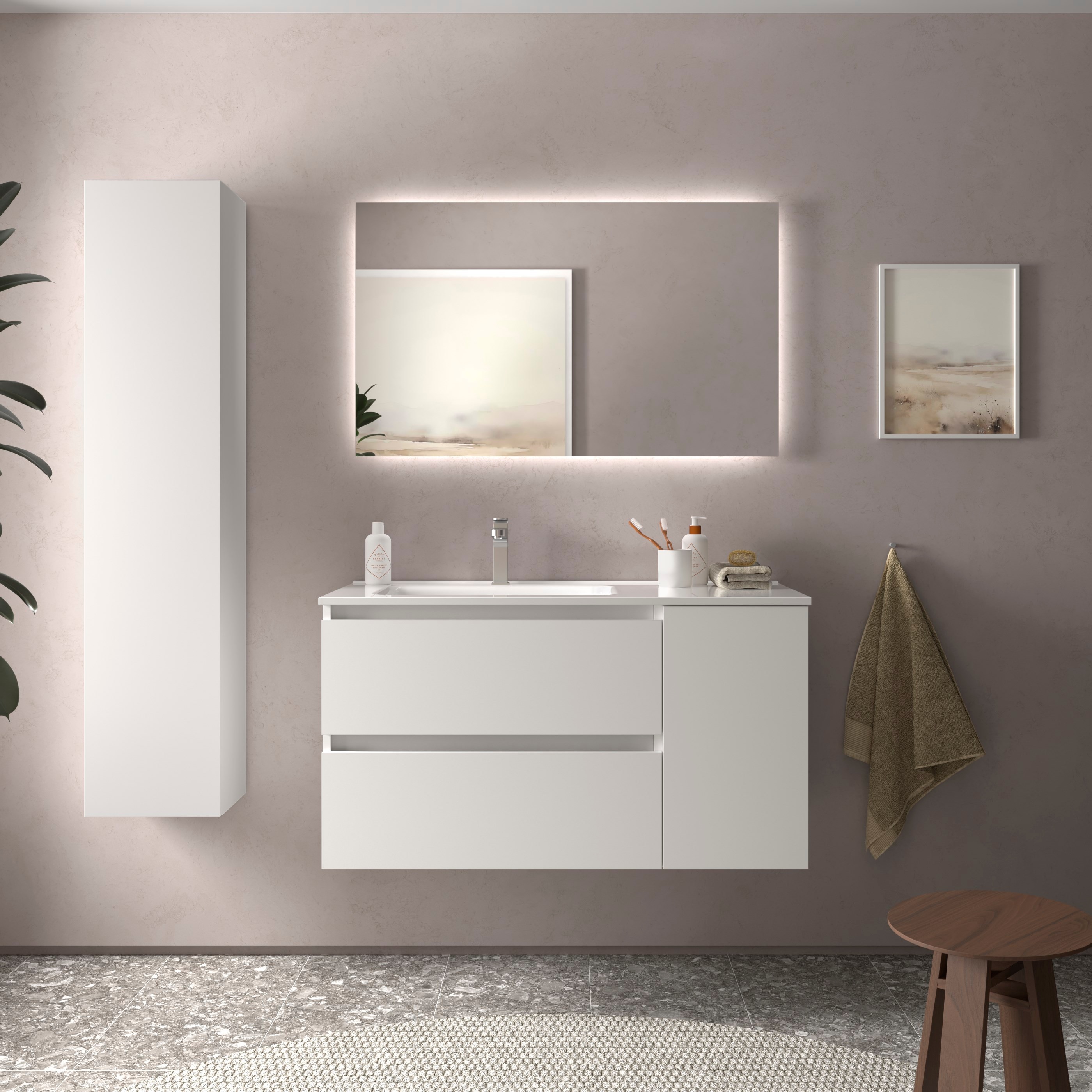 Imagen 2 de Mueble de baño Bequia con Lavabo Oslo con Coqueta 1 puerta Derecha - Blanco 90 cm Blanco