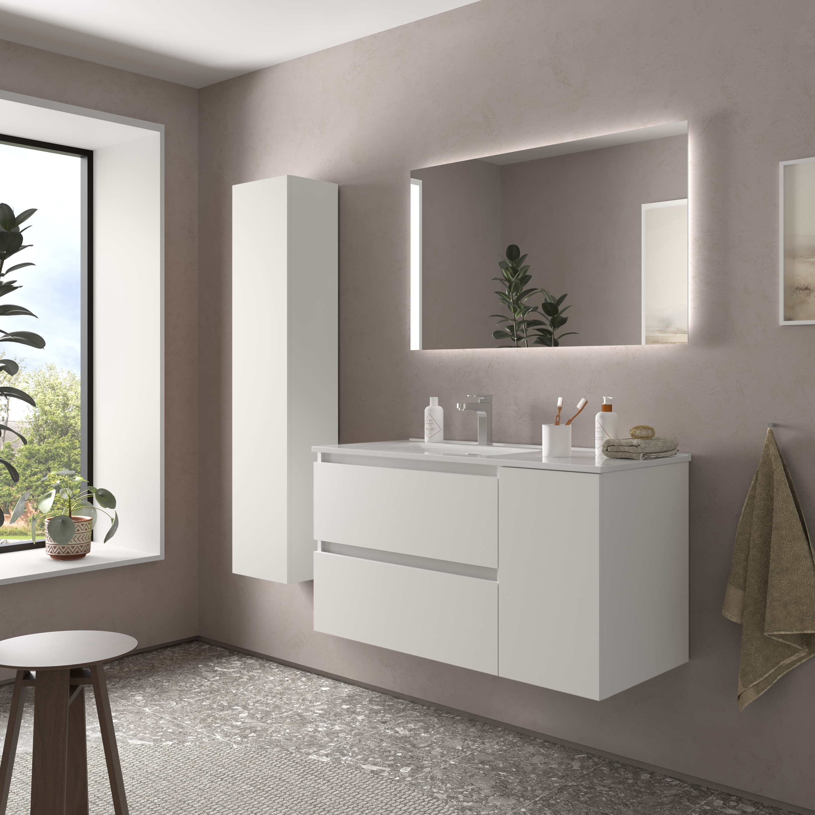 Imagen 3 de Mueble de baño Bequia con Lavabo Oslo con Coqueta 1 puerta Derecha - Blanco 90 cm Blanco