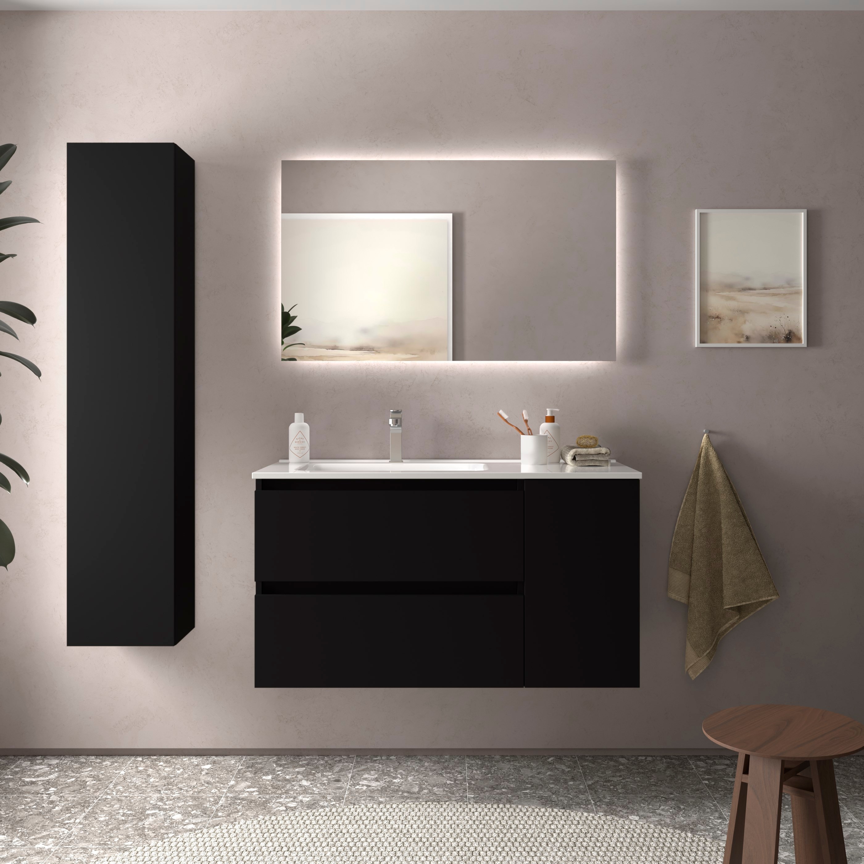 Imagen 2 de Mueble de baño Bequia con Lavabo Oslo con Coqueta 1 puerta Derecha - Negro 100 cm Negro