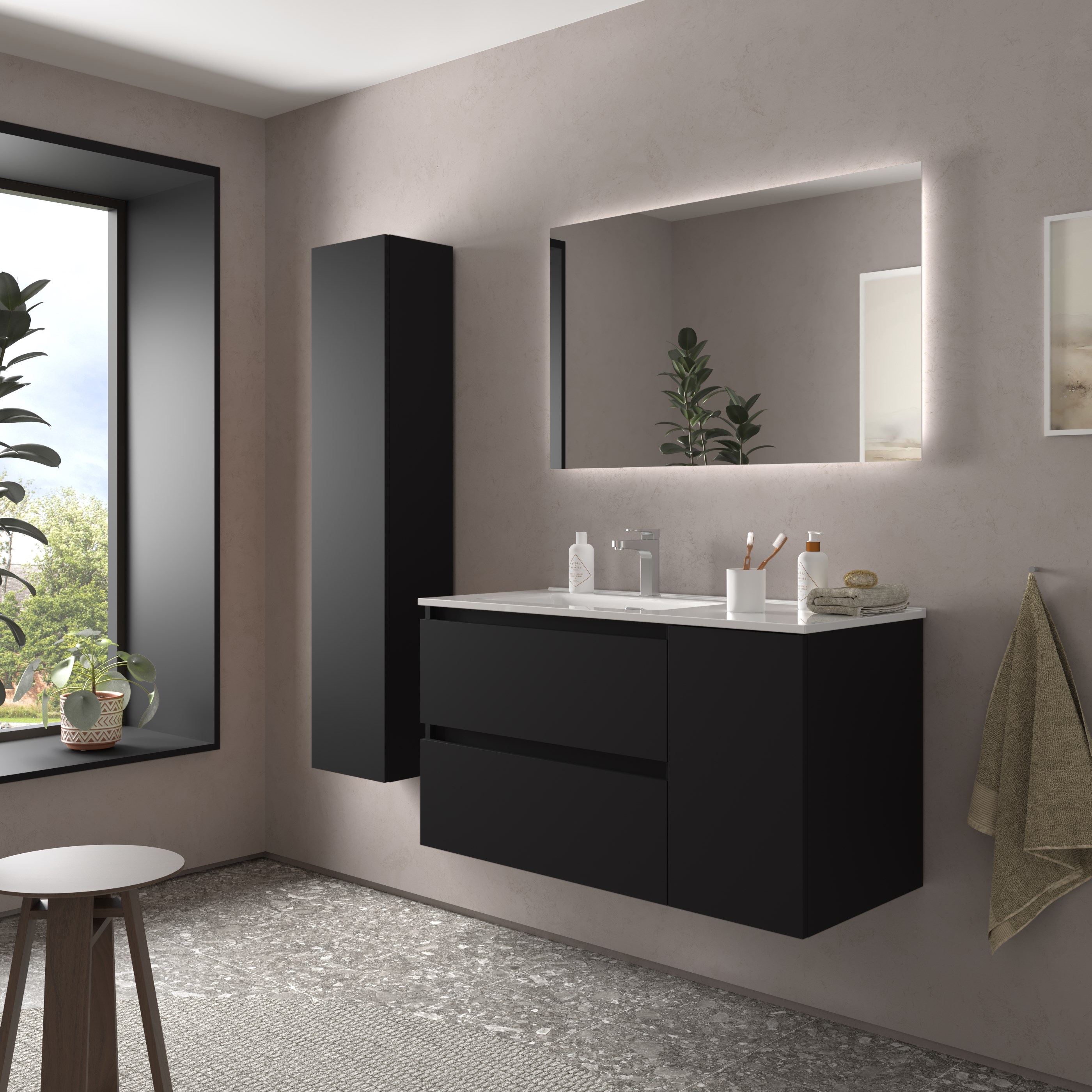Imagen 3 de Mueble de baño Bequia con Lavabo Oslo con Coqueta 1 puerta Derecha - Negro 100 cm Negro