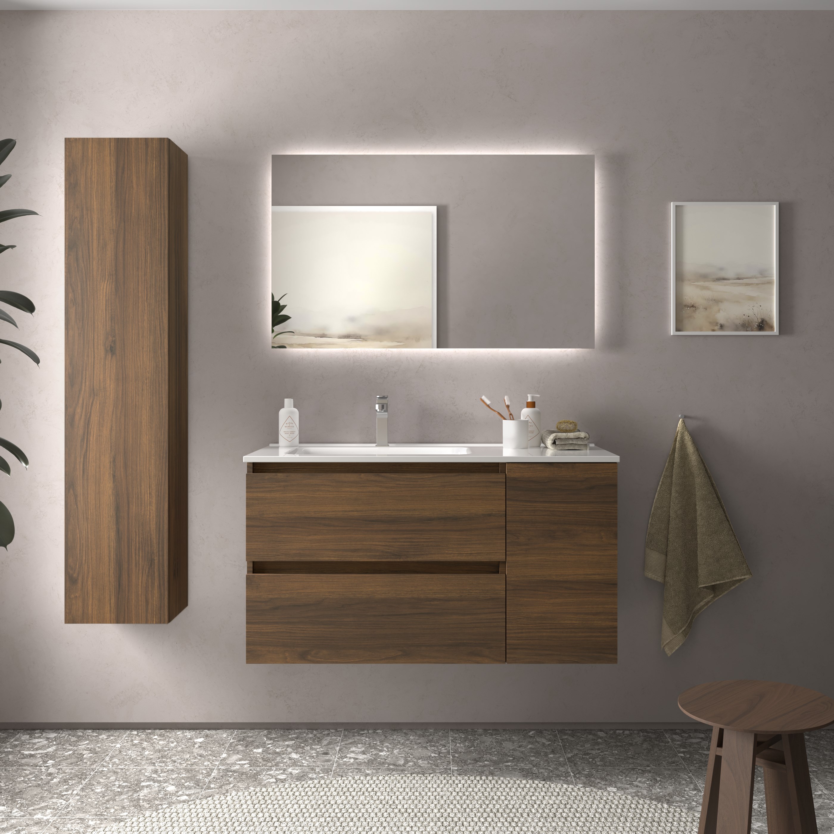 Imagen 2 de Mueble de baño Bequia con Lavabo Oslo con Coqueta 1 puerta Derecha - Nogal 100 cm Nogal