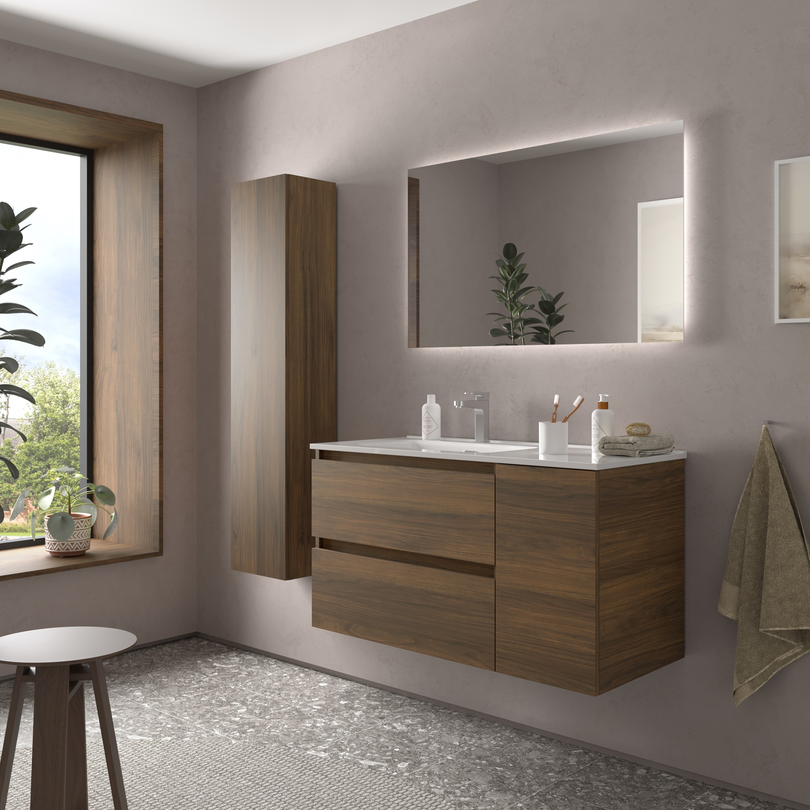 Imagen 3 de Mueble de baño Bequia con Lavabo Oslo con Coqueta 1 puerta Derecha - Nogal 100 cm Nogal