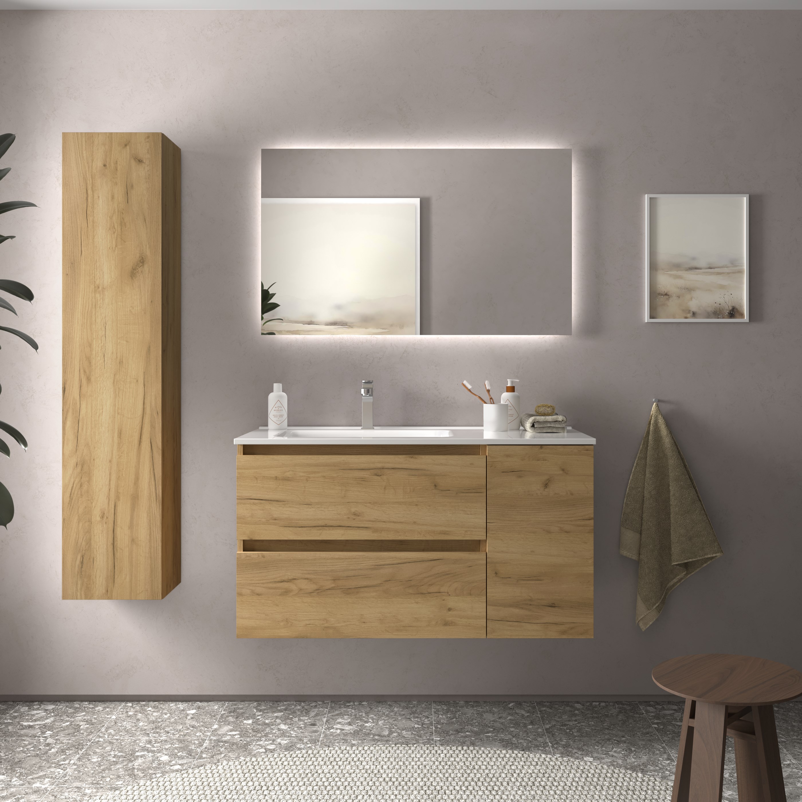 Imagen 2 de Mueble de baño Bequia con Lavabo Oslo con Coqueta 1 puerta Derecha - Roble 90 cm Roble