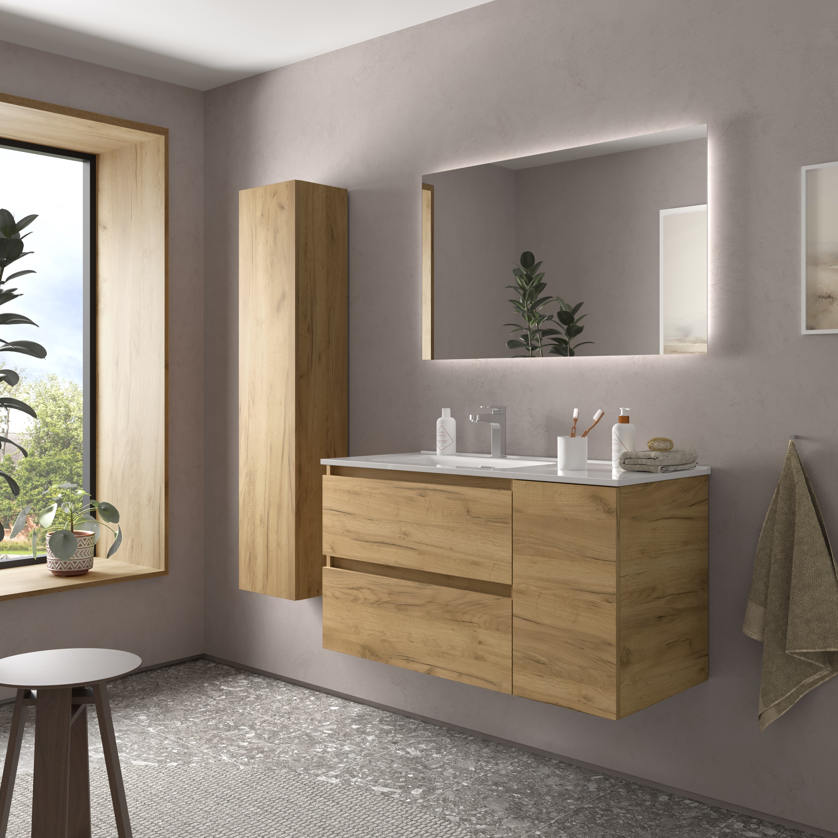 Imagen 3 de Mueble de baño Bequia con Lavabo Oslo con Coqueta 1 puerta Derecha - Roble 90 cm Roble