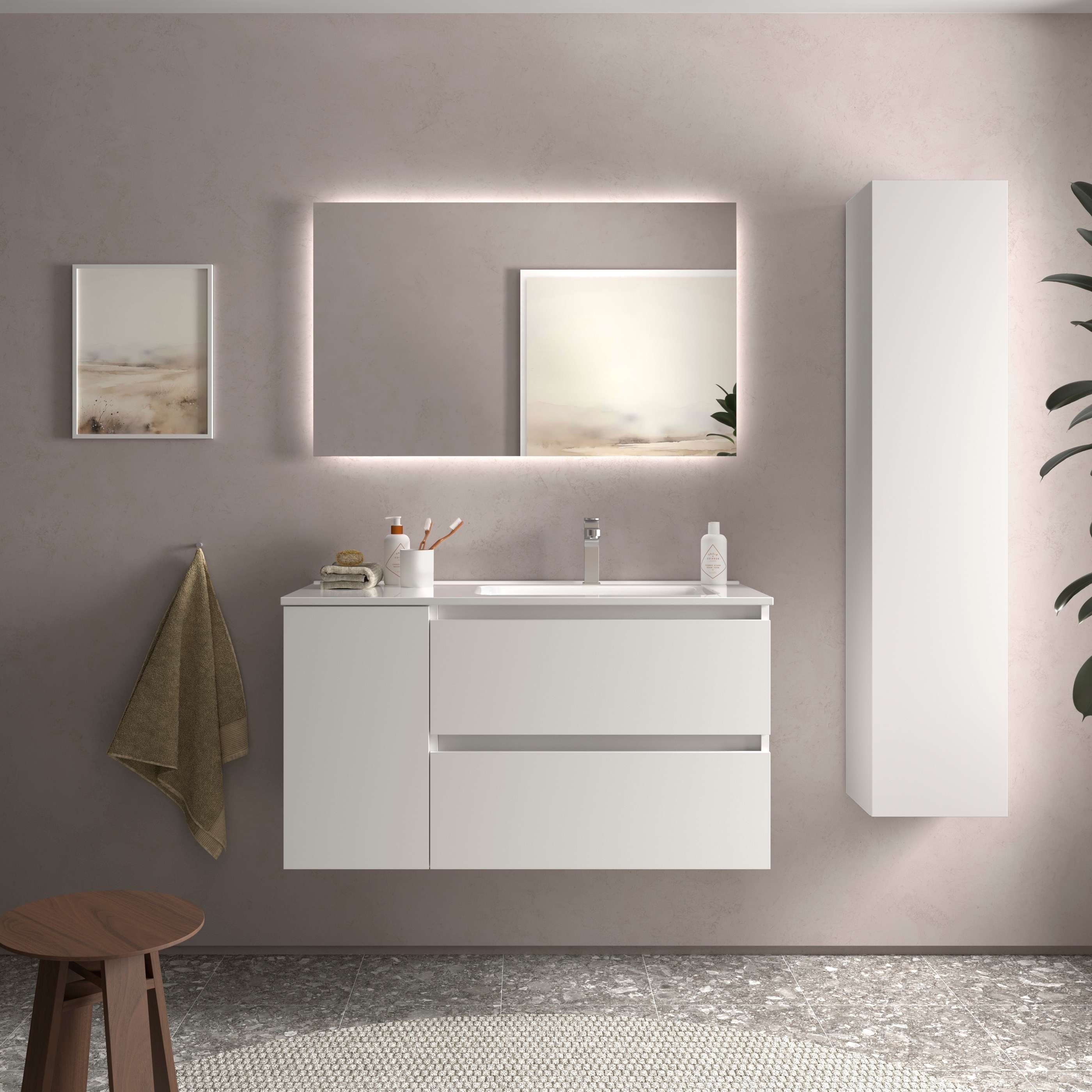 Mueble de baño Bequia con Lavabo Oslo con Coqueta 1 puerta Izquierda - Blanco 90 cm Blanco-2