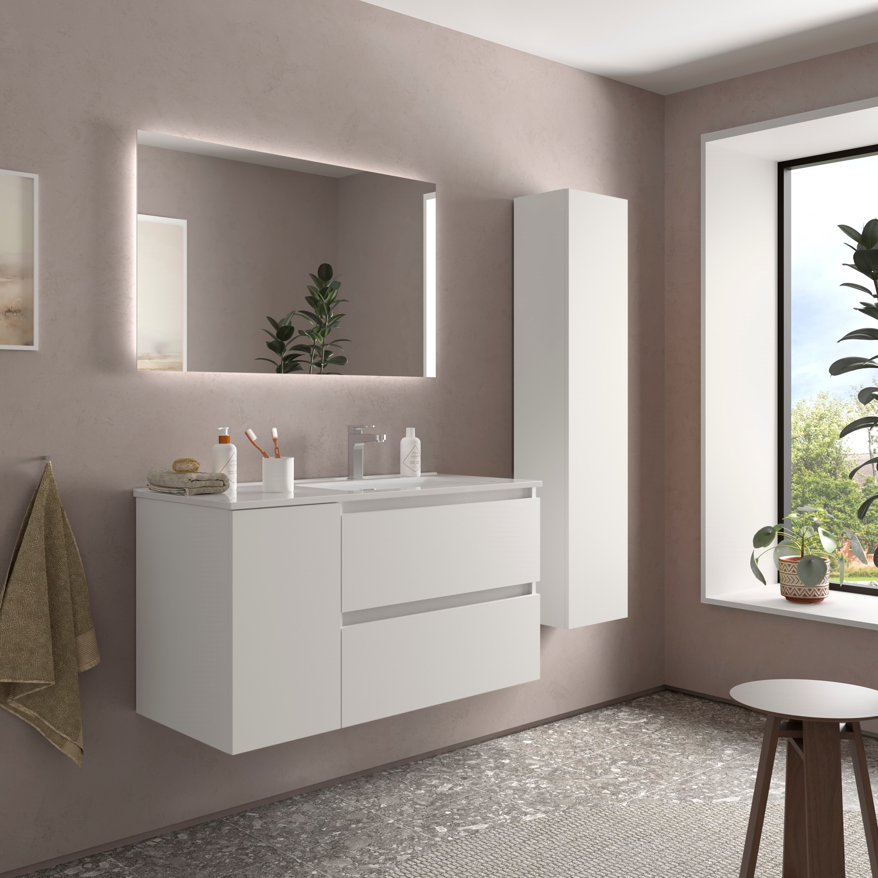 Mueble de baño Bequia con Lavabo Oslo con Coqueta 1 puerta Izquierda - Blanco 90 cm Blanco-3