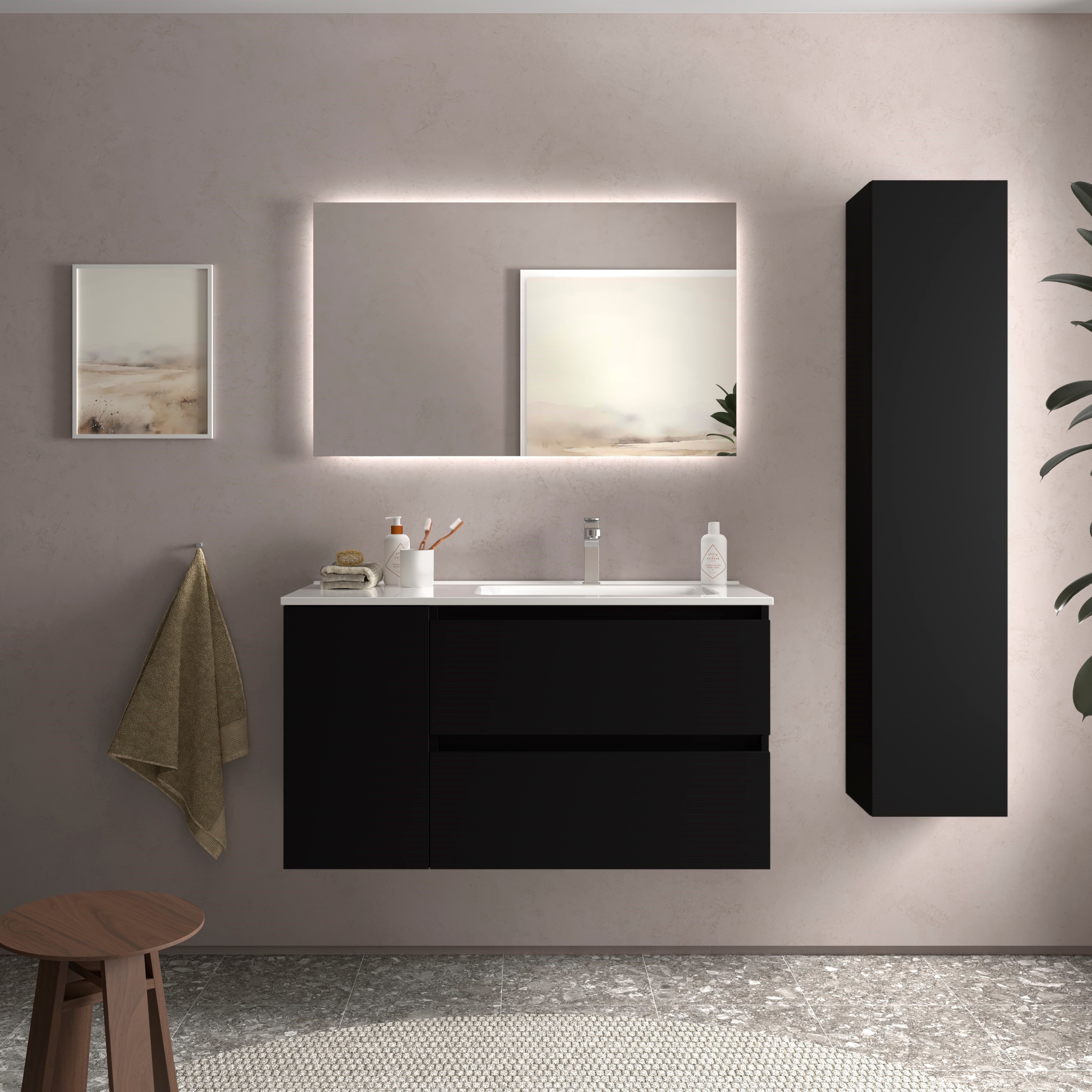 Imagen 2 de Mueble de baño Bequia con Lavabo Oslo con Coqueta 1 puerta Izquierda - Negro 100 cm Negro