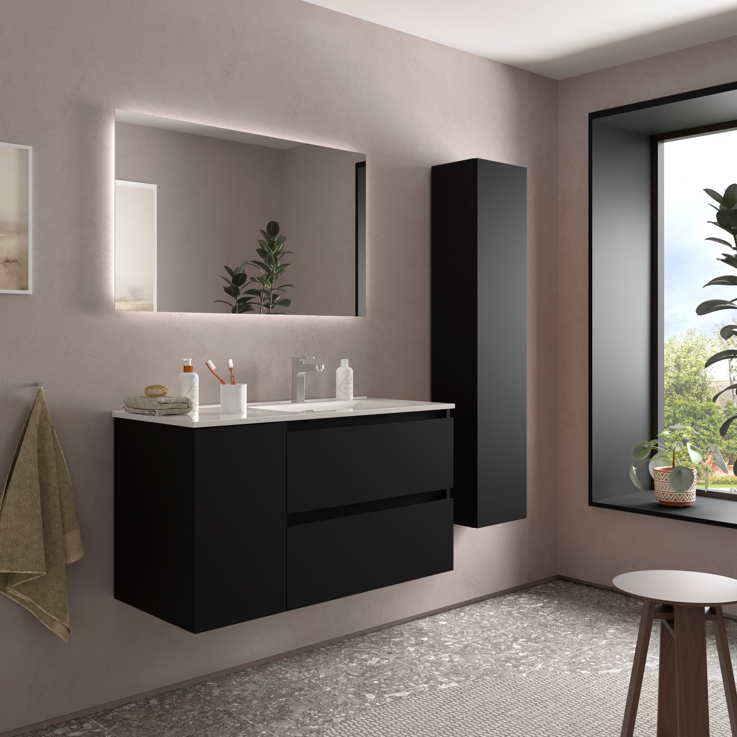 Imagen 3 de Mueble de baño Bequia con Lavabo Oslo con Coqueta 1 puerta Izquierda - Negro 100 cm Negro
