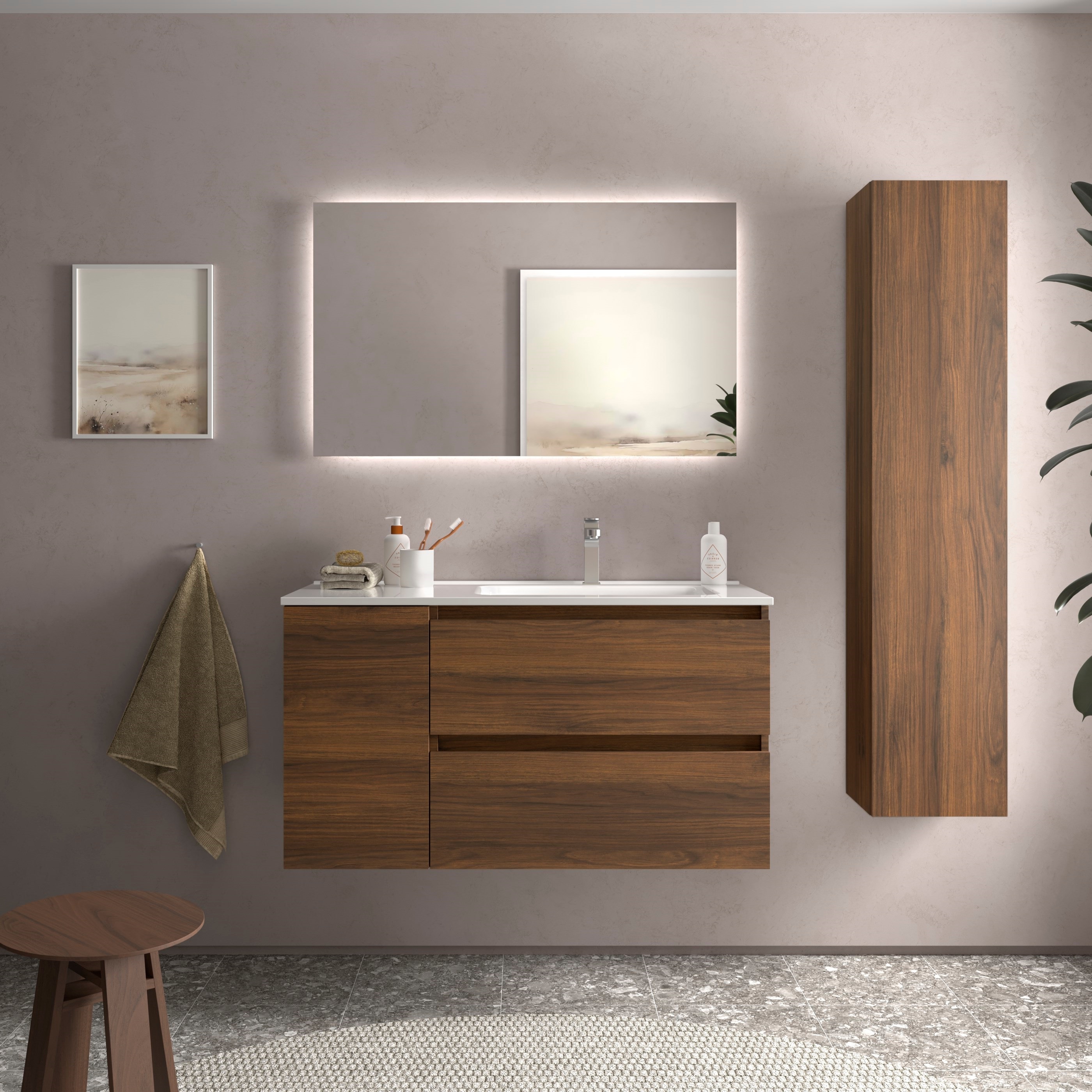 Imagen 2 de Mueble de baño Bequia con Lavabo Oslo con Coqueta 1 puerta Izquierda - Nogal 100 cm Nogal