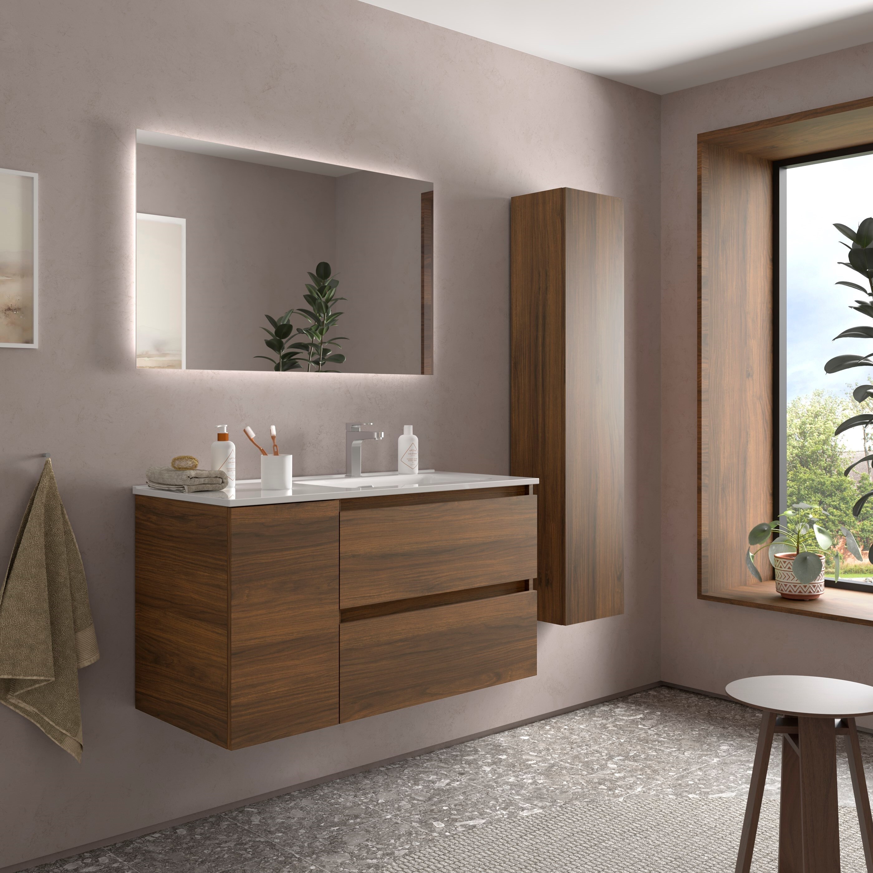 Imagen 3 de Mueble de baño Bequia con Lavabo Oslo con Coqueta 1 puerta Izquierda - Nogal 100 cm Nogal