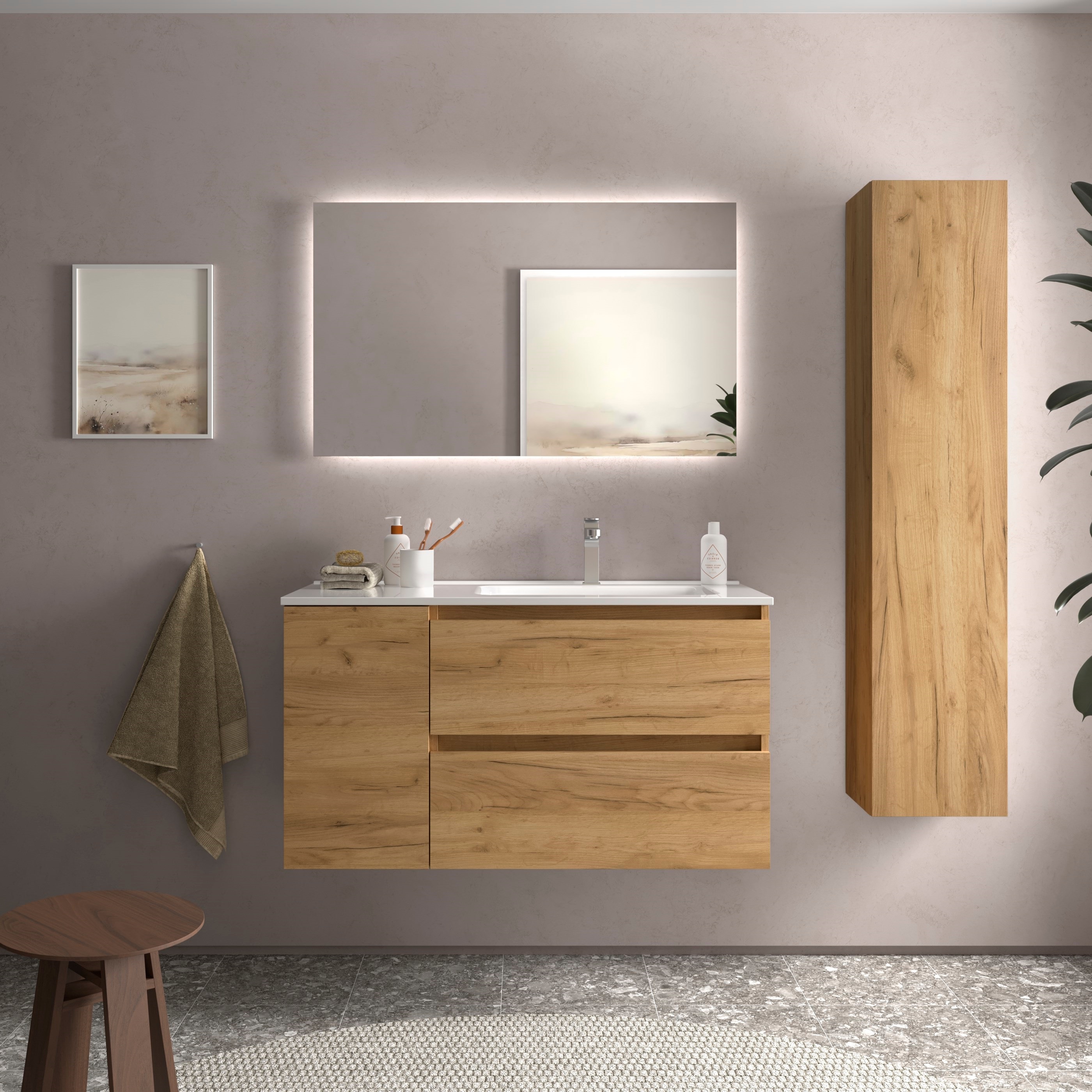 Imagen 2 de Mueble de baño Bequia con Lavabo Oslo con Coqueta 1 puerta Izquierda - Roble 100 cm Roble