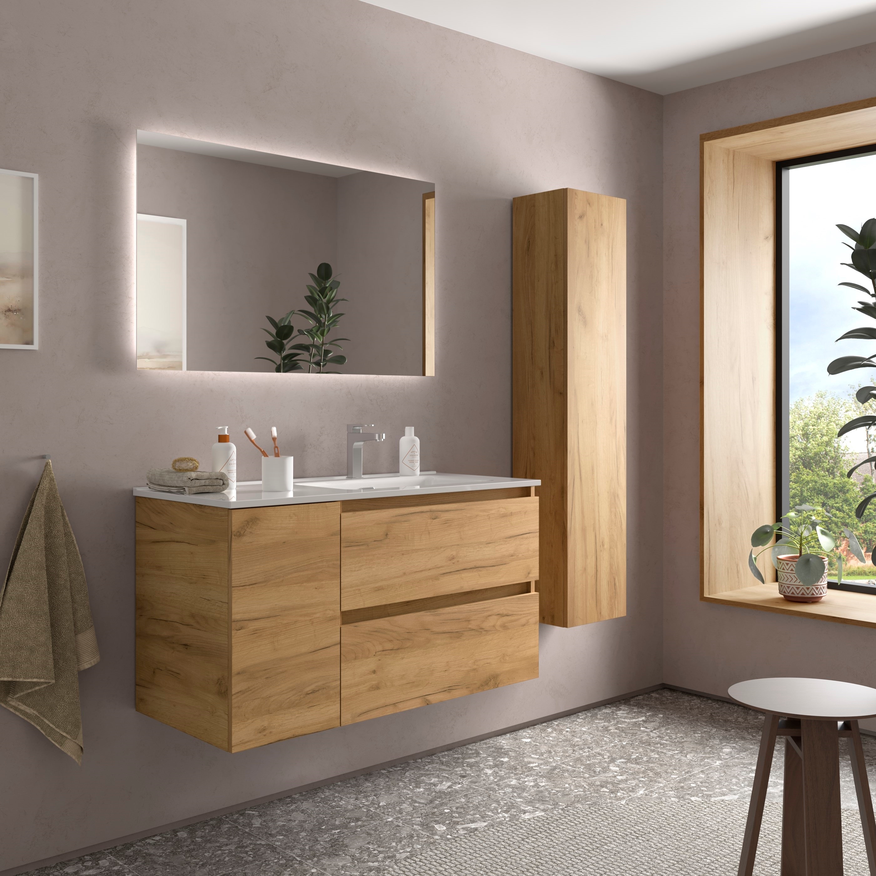 Imagen 3 de Mueble de baño Bequia con Lavabo Oslo con Coqueta 1 puerta Izquierda - Roble 100 cm Roble