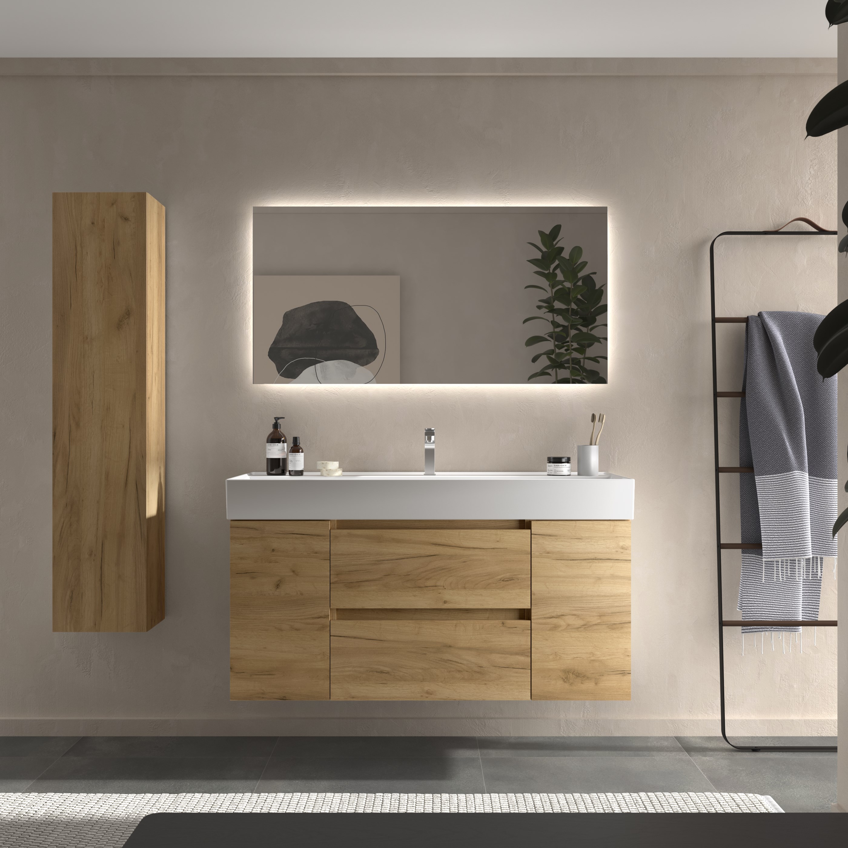 Imagen 2 de Mueble de baño Bequia + Lavabo Roma + 2 coqueta de 1 puerta - Roble 120 cm Roble