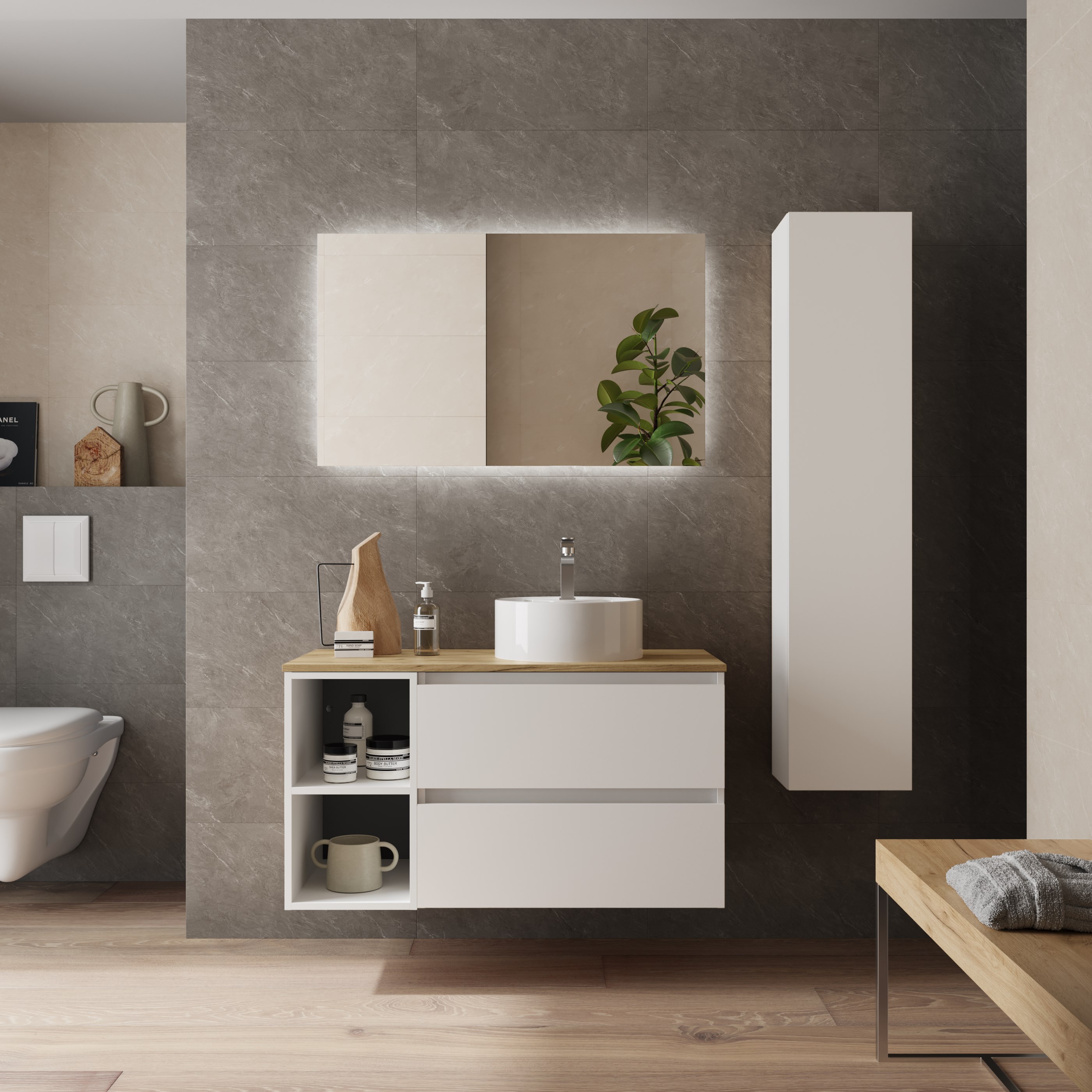 Imagen 2 de Mueble de baño Bequia con Encimera con Lavabo posar con Coqueta 2 huecos - Blanco 100 cm Blanco