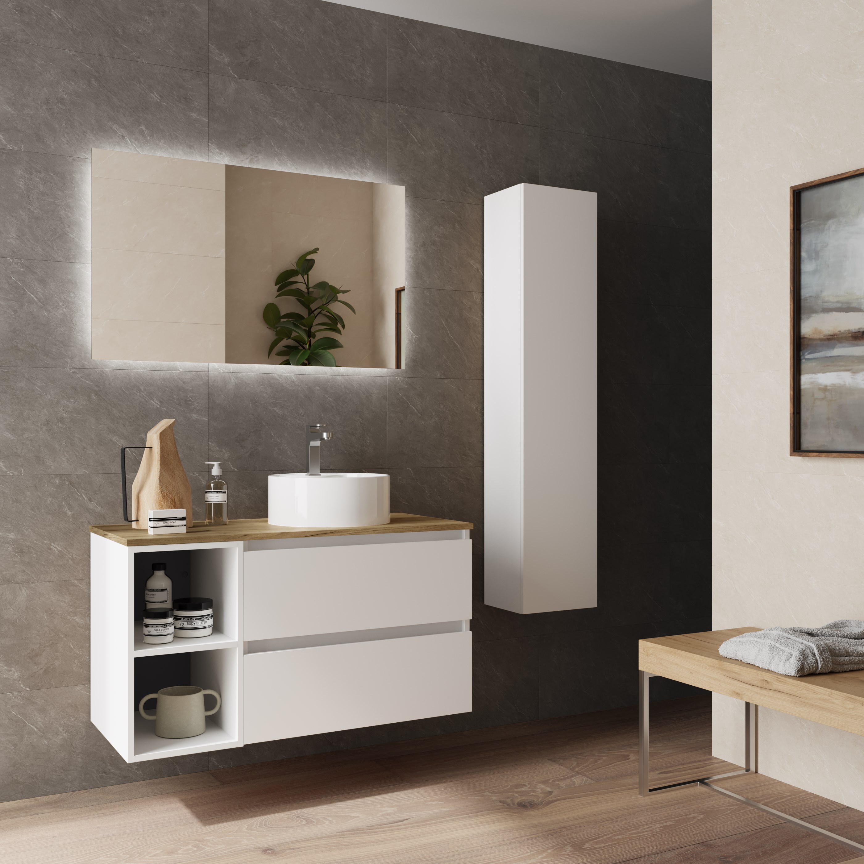 Imagen 3 de Mueble de baño Bequia con Encimera con Lavabo posar con Coqueta 2 huecos - Blanco 100 cm Blanco