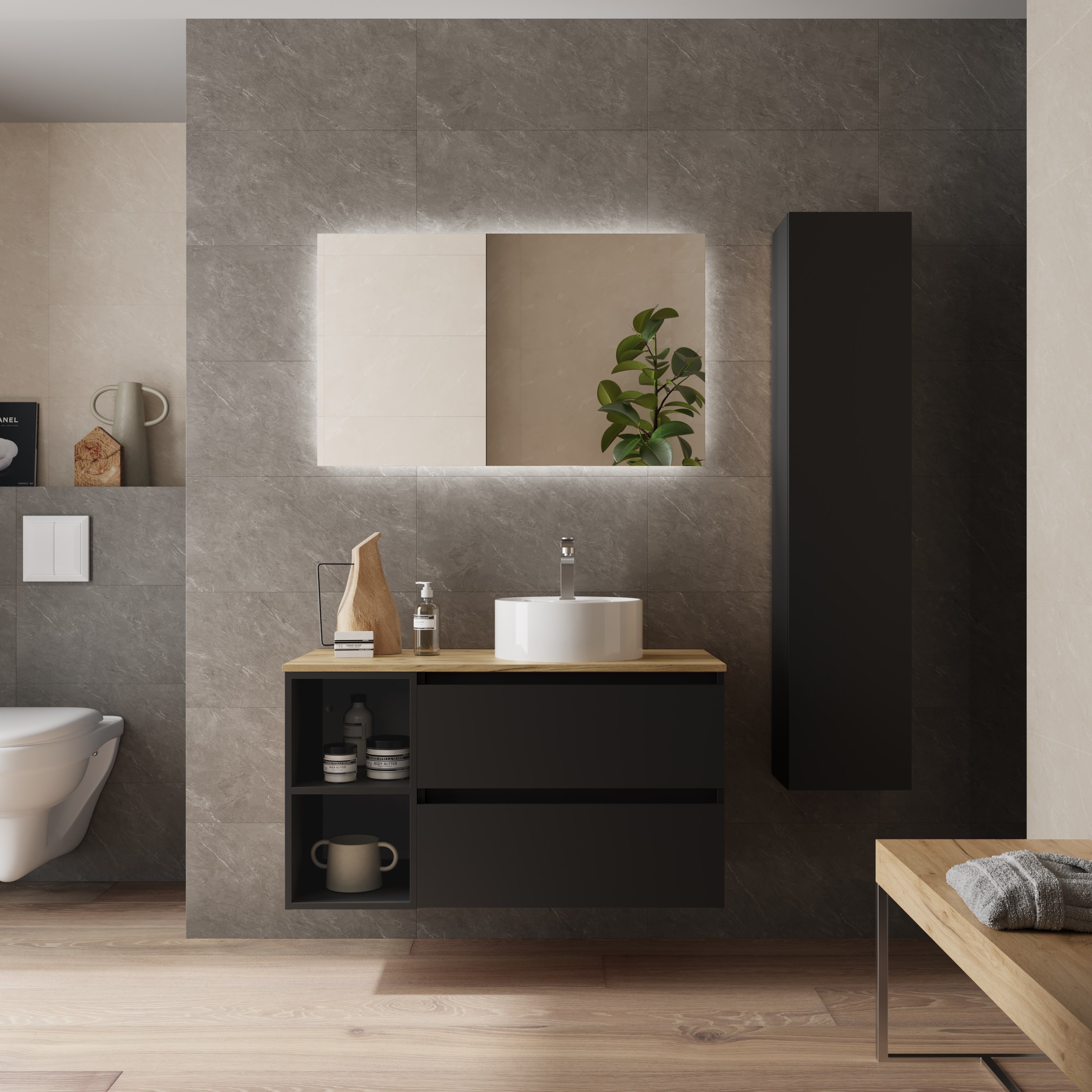 Imagen 2 de Mueble de baño Bequia con Encimera con Lavabo posar con Coqueta 2 huecos - Negro 100 cm Negro