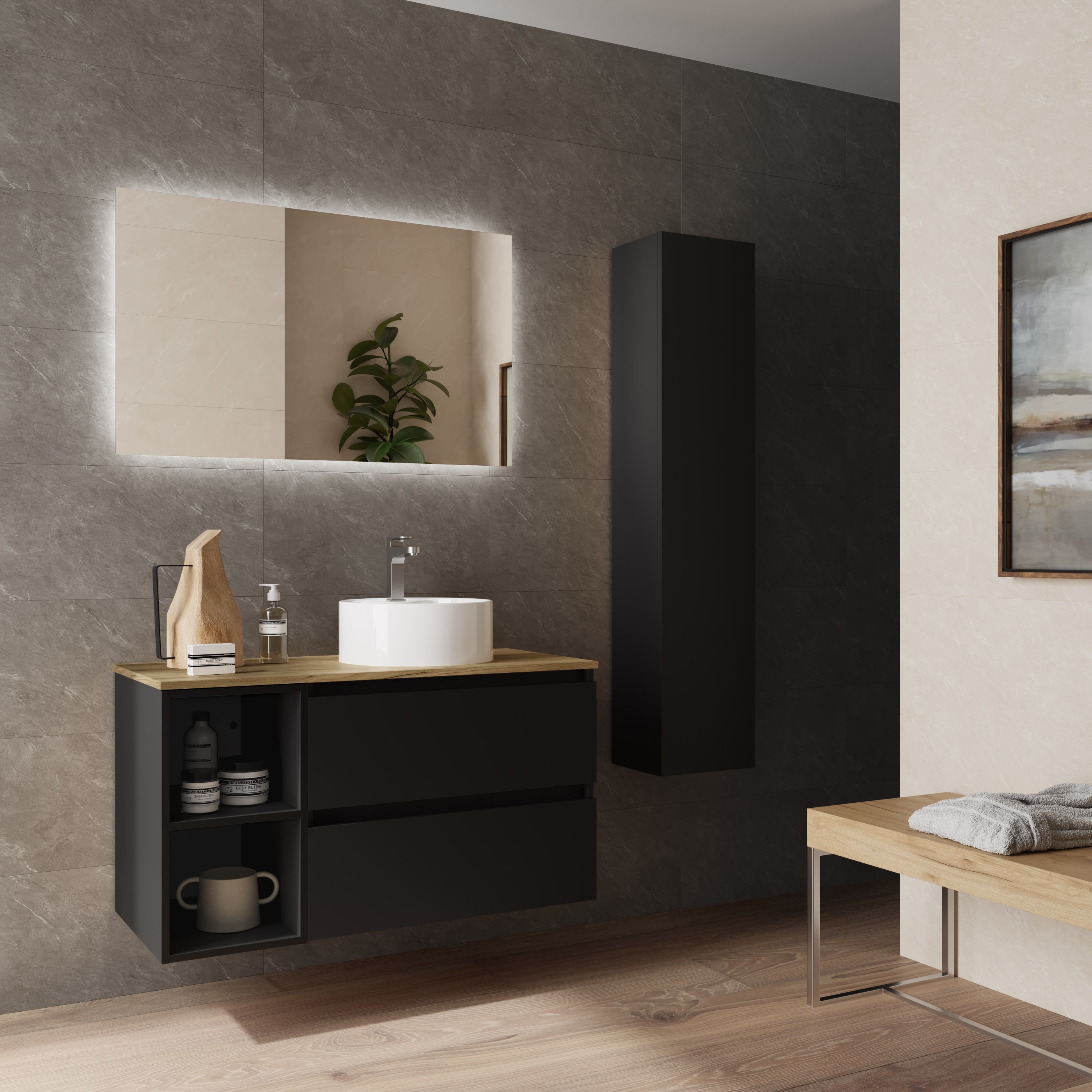Imagen 3 de Mueble de baño Bequia con Encimera con Lavabo posar con Coqueta 2 huecos - Negro 100 cm Negro