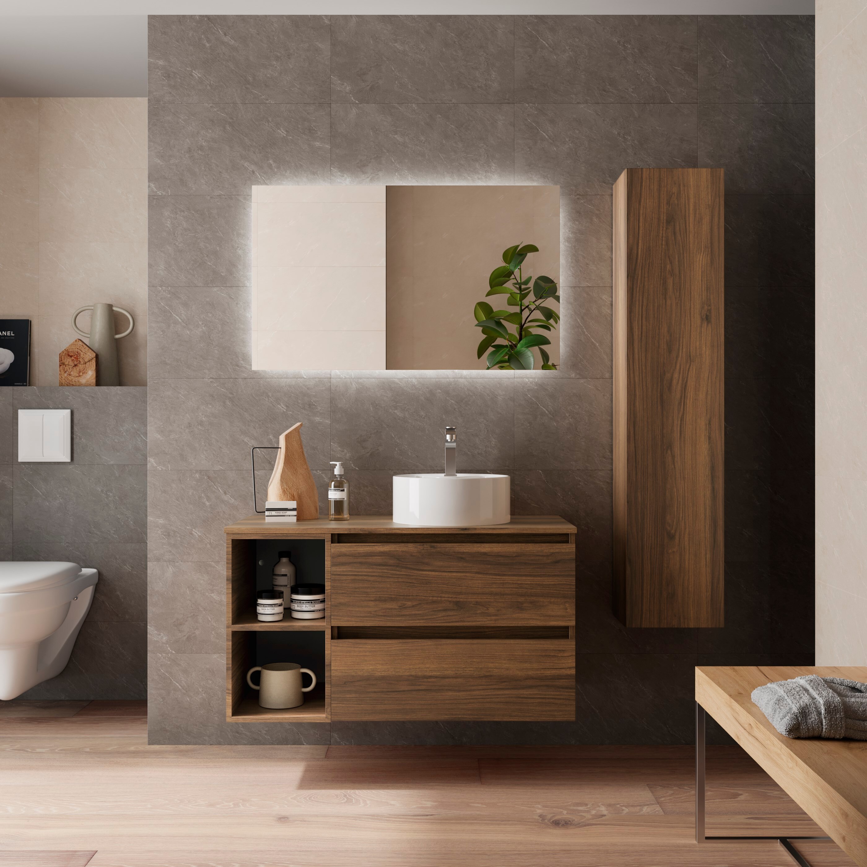 Imagen 2 de Mueble de baño Bequia con Encimera con Lavabo posar con Coqueta 2 huecos - Nogal 100 cm Nogal