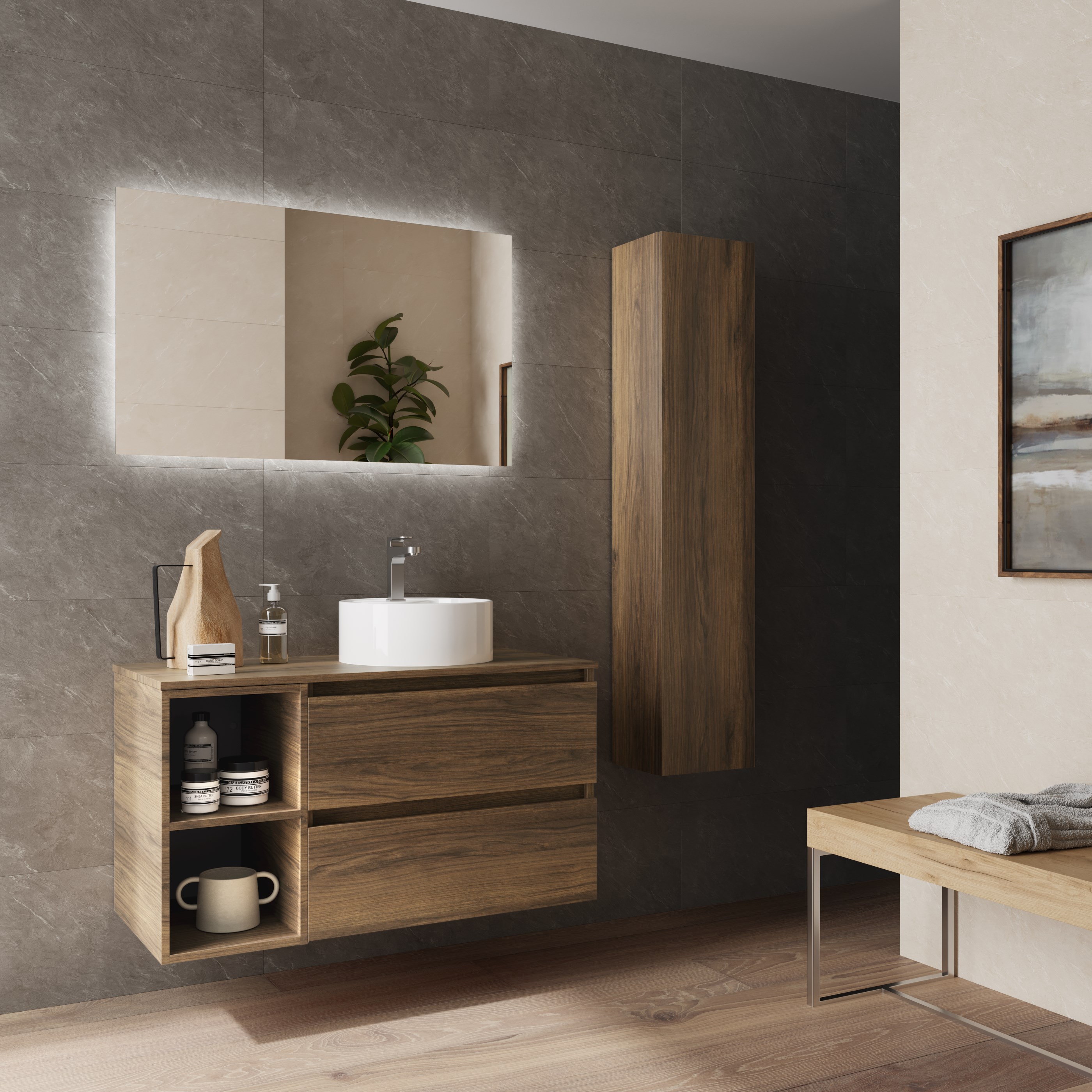 Imagen 3 de Mueble de baño Bequia con Encimera con Lavabo posar con Coqueta 2 huecos - Nogal 100 cm Nogal