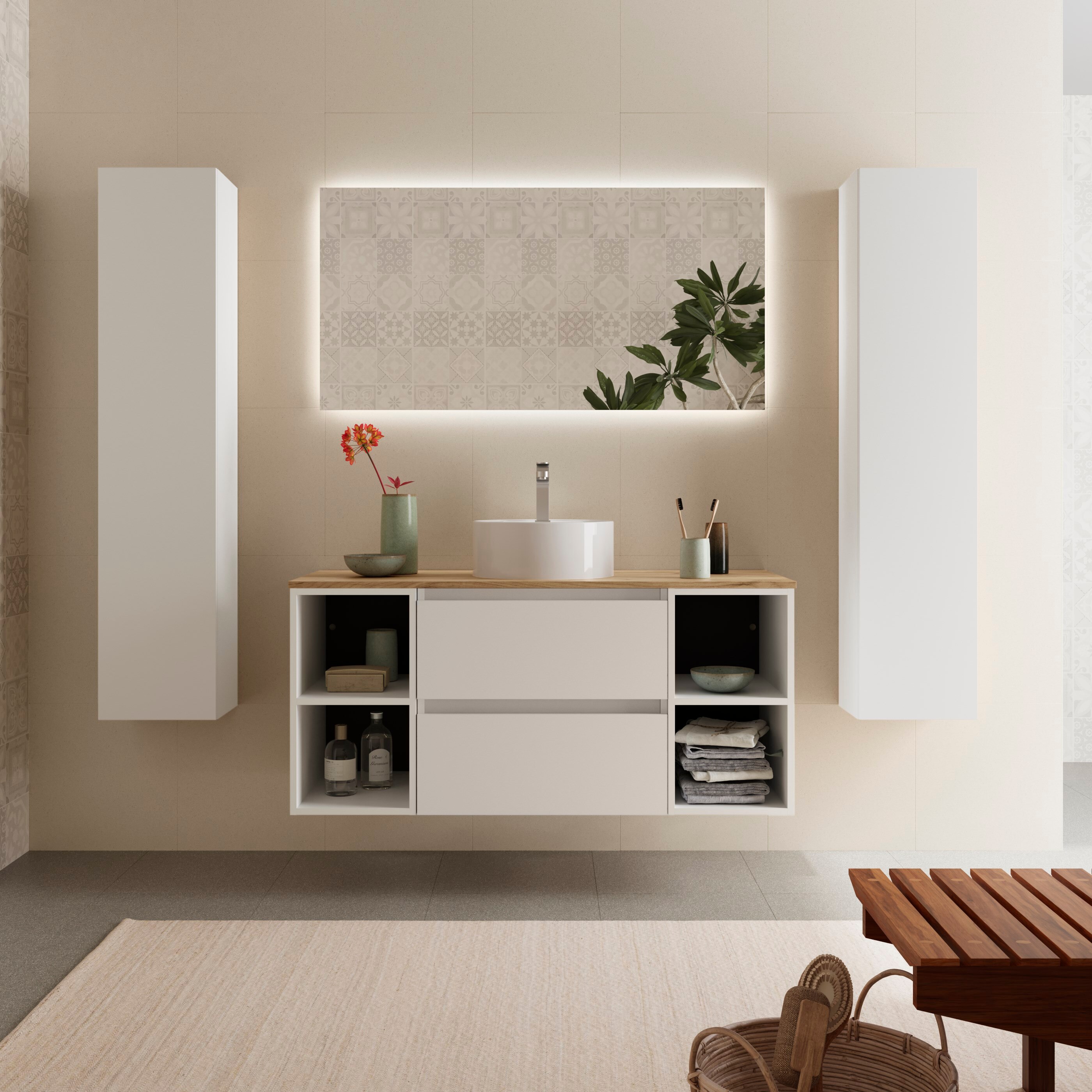 Imagen 2 de Mueble de baño Bequia con Encimera con Lavabo posar con 2 Coquetas 2 huecos - Blanco 120 cm Blanco