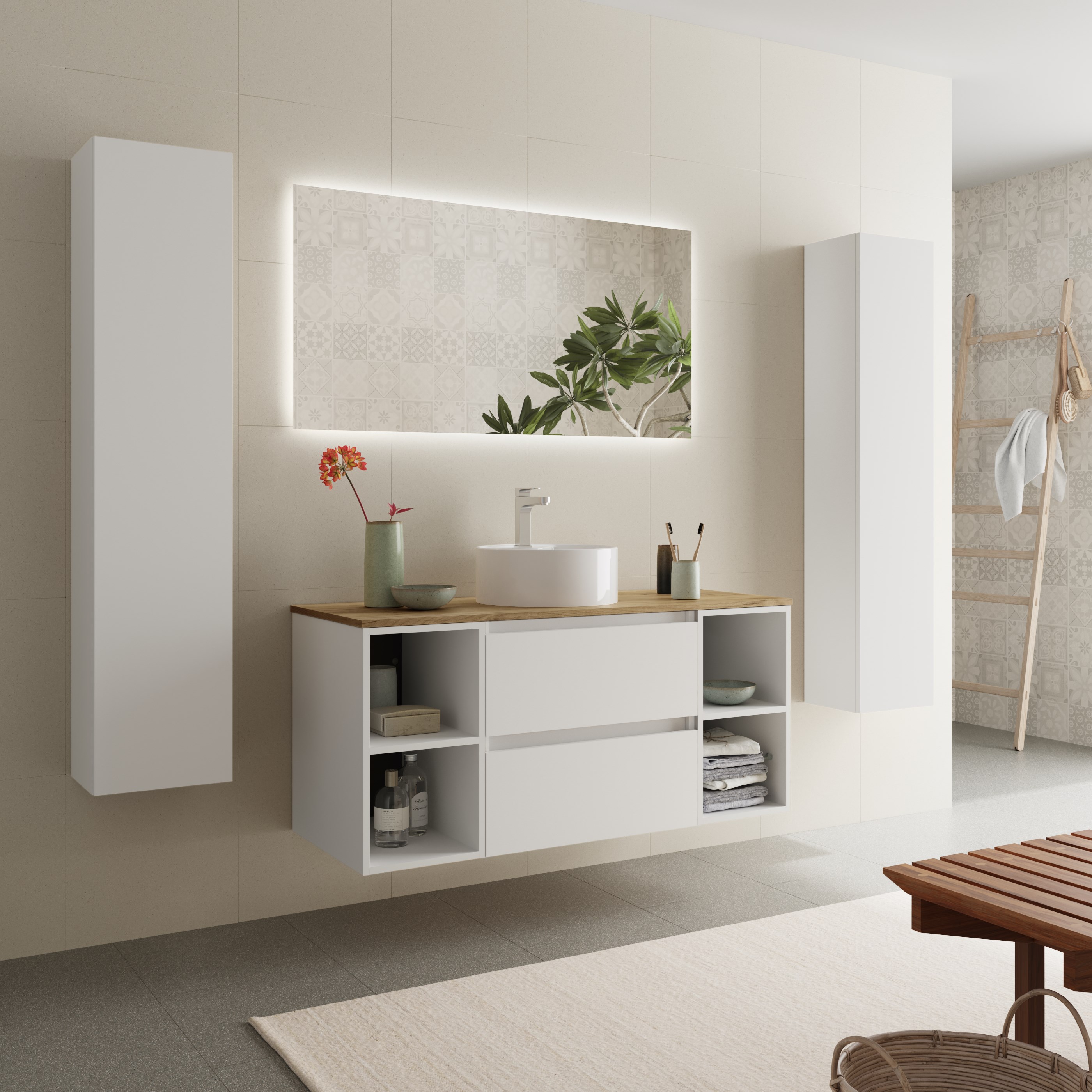 Imagen 3 de Mueble de baño Bequia con Encimera con Lavabo posar con 2 Coquetas 2 huecos - Blanco 120 cm Blanco