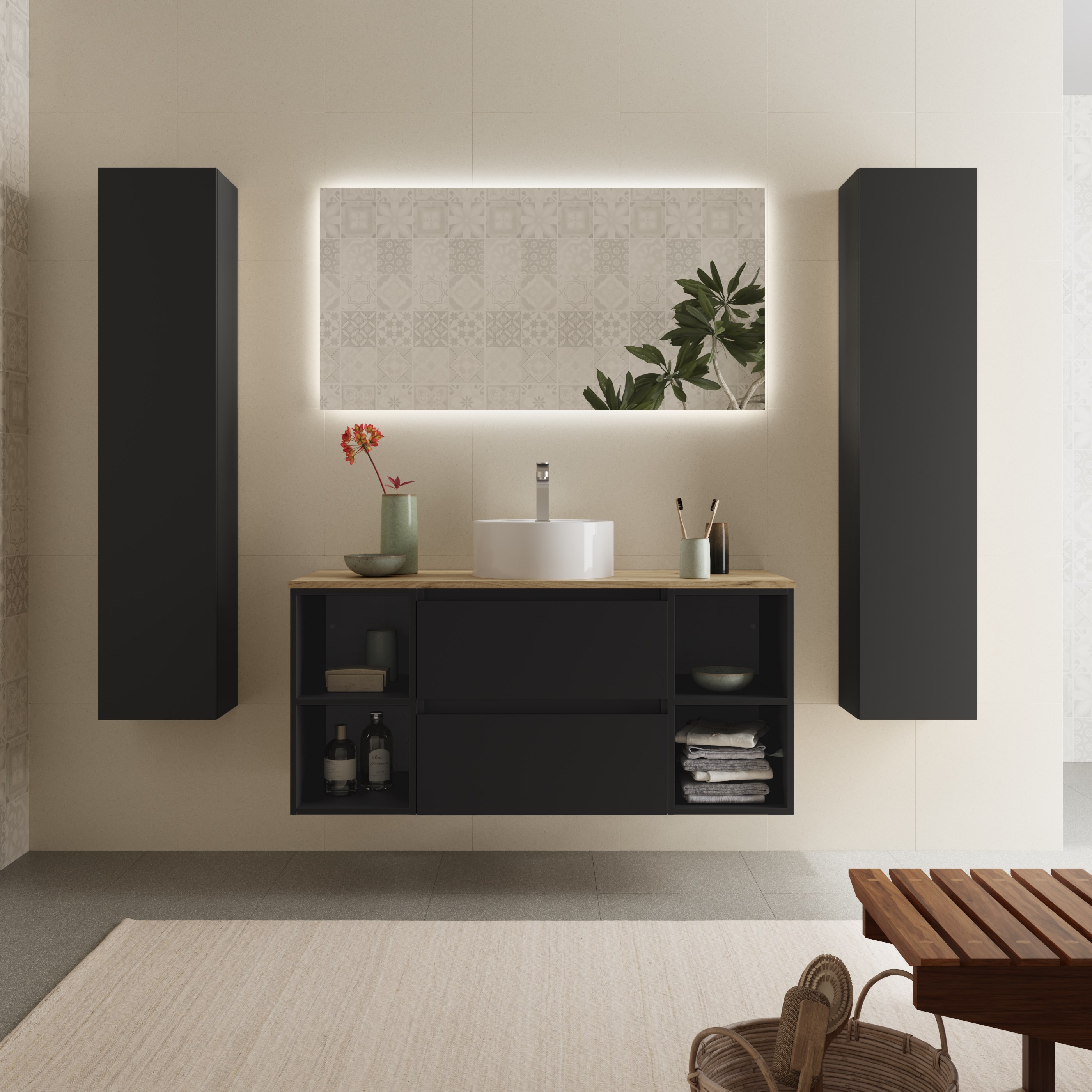 Imagen 2 de Mueble de baño Bequia con Encimera con Lavabo posar con 2 Coquetas 2 huecos - Negro 120 cm Negro