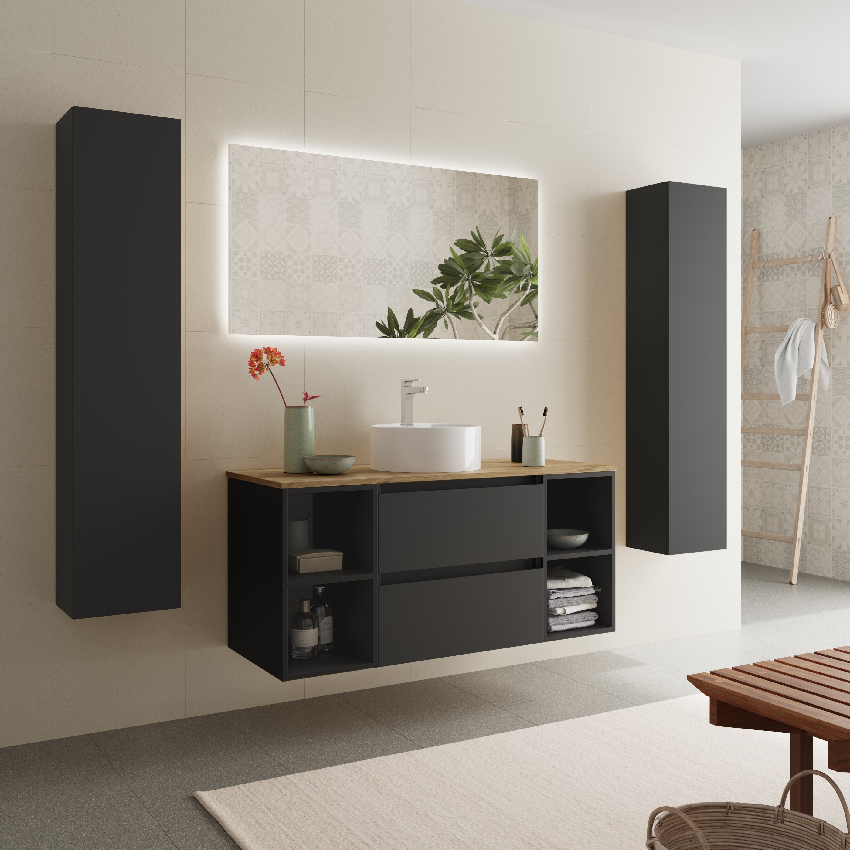 Imagen 3 de Mueble de baño Bequia con Encimera con Lavabo posar con 2 Coquetas 2 huecos - Negro 120 cm Negro