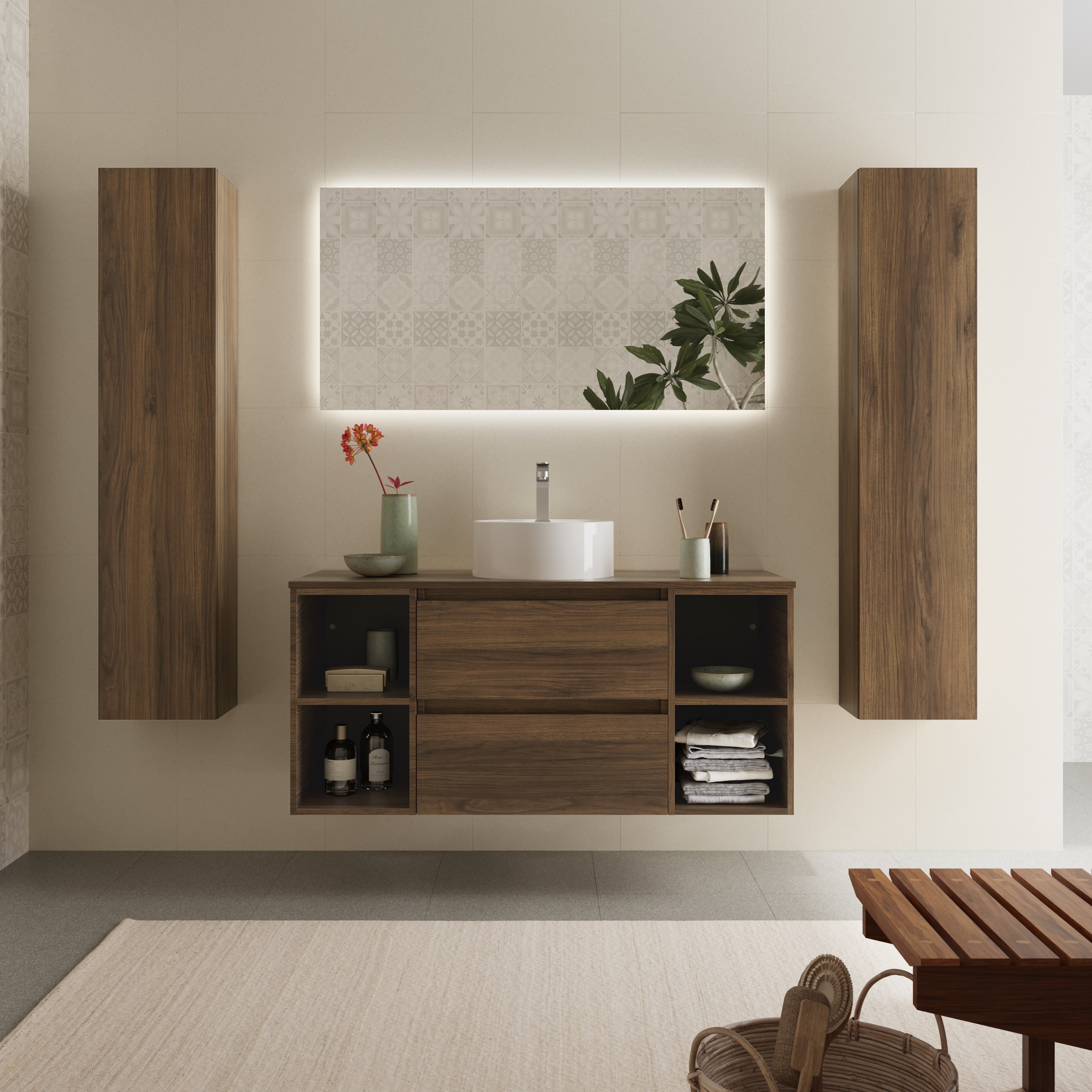 Imagen 2 de Mueble de baño Bequia con Encimera con Lavabo posar con 2 Coquetas 2 huecos - Roble 120 cm Roble