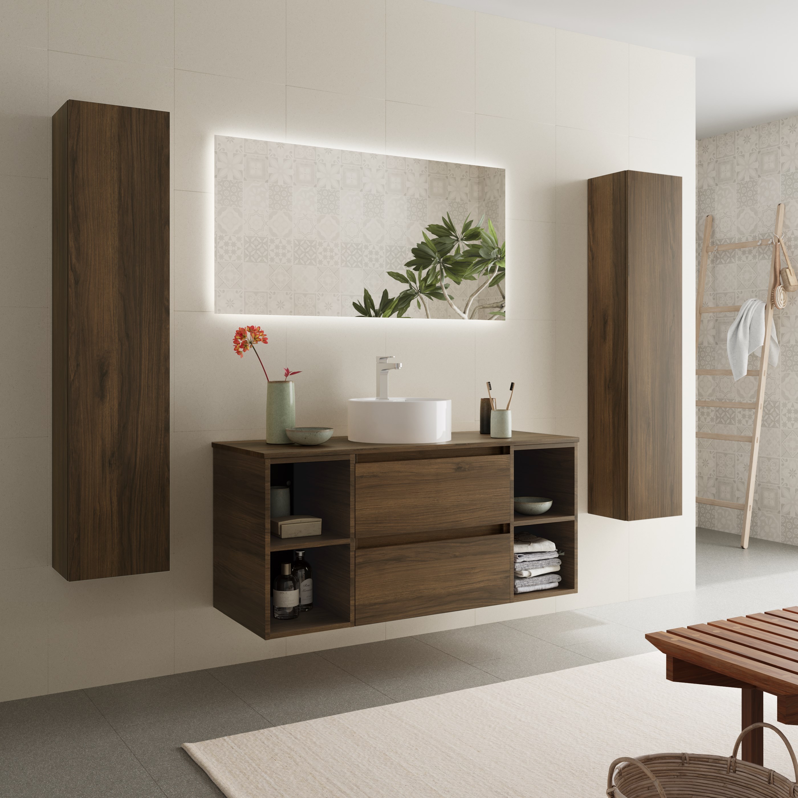 Imagen 3 de Mueble de baño Bequia con Encimera con Lavabo posar con 2 Coquetas 2 huecos - Roble 120 cm Roble