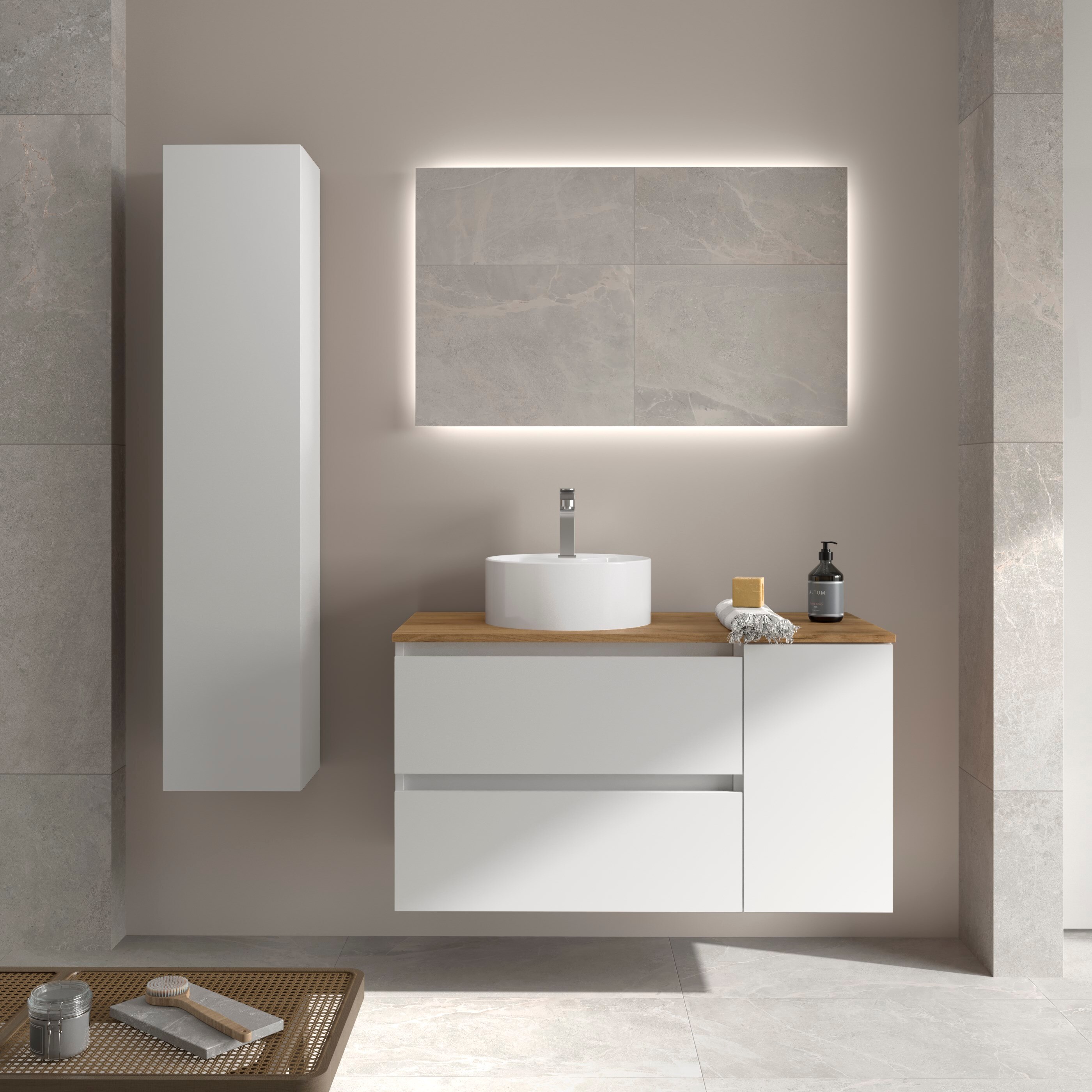 Imagen 2 de Mueble de baño Bequia con Encimera con Lavabo posar con Coqueta 1 puerta - Blanco 90 cm Blanco
