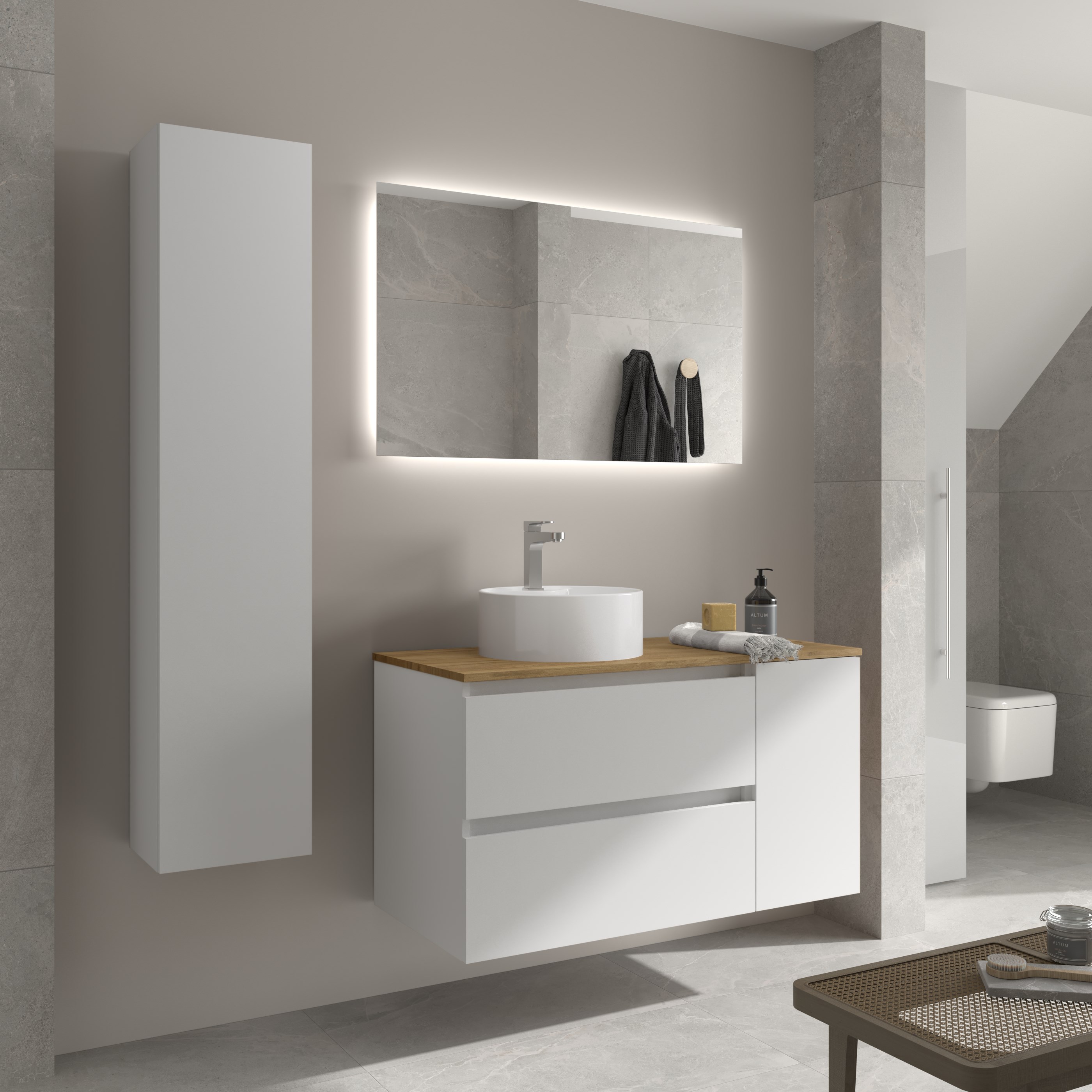 Imagen 3 de Mueble de baño Bequia con Encimera con Lavabo posar con Coqueta 1 puerta - Blanco 90 cm Blanco