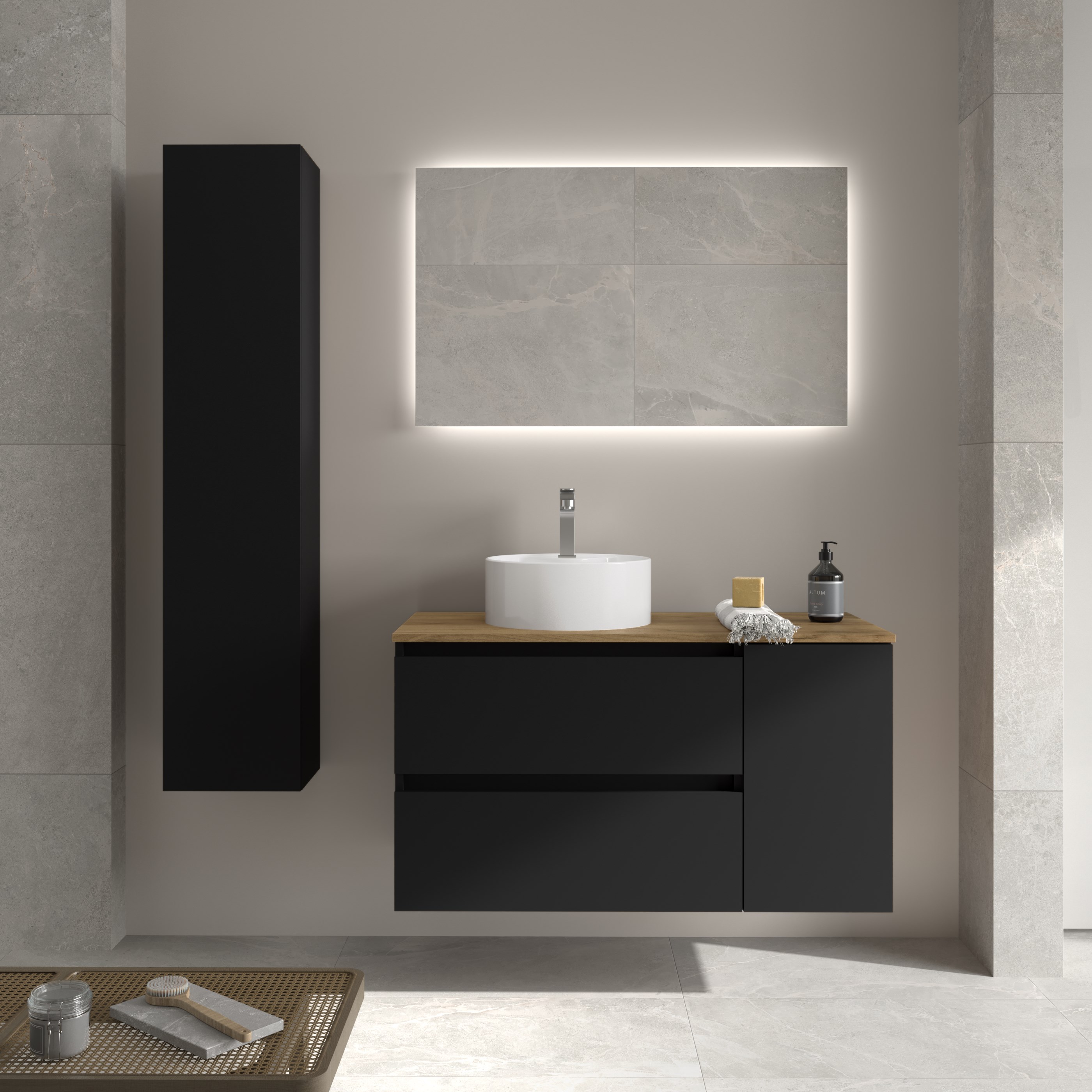 Imagen 2 de Mueble de baño Bequia con Encimera con Lavabo posar con Coqueta 1 puerta - Negro 90 cm Negro