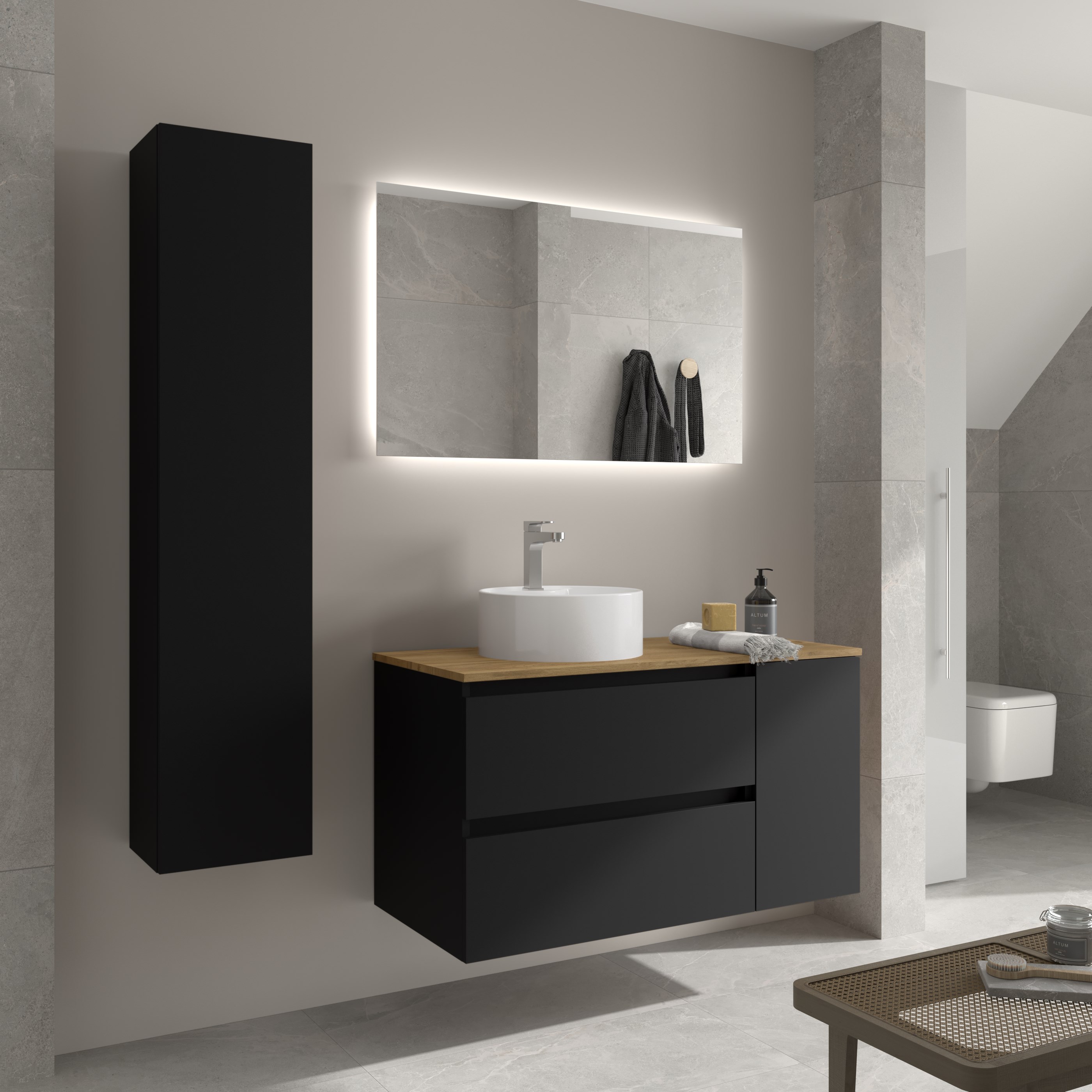 Imagen 3 de Mueble de baño Bequia con Encimera con Lavabo posar con Coqueta 1 puerta - Negro 90 cm Negro