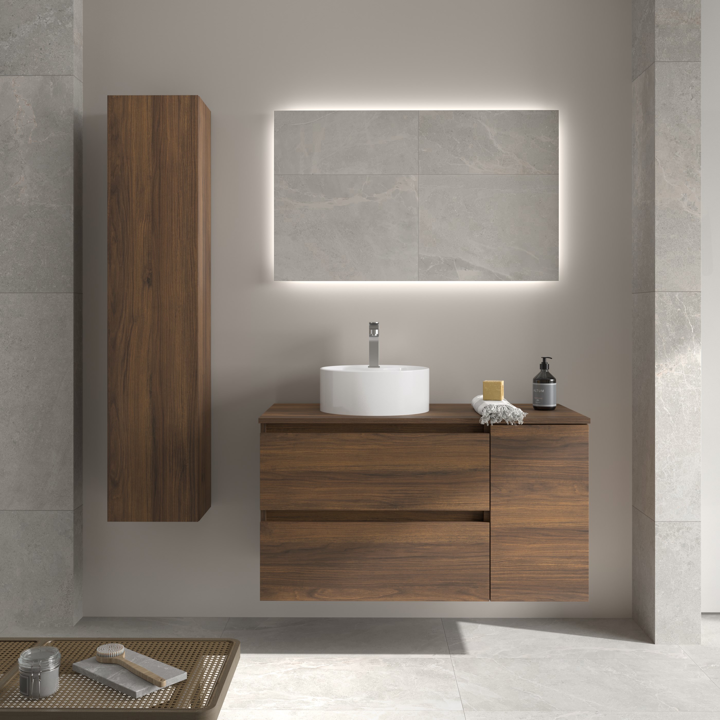 Imagen 2 de Mueble de baño Bequia con Encimera con Lavabo posar con Coqueta 1 puerta - Nogal 100 cm Nogal