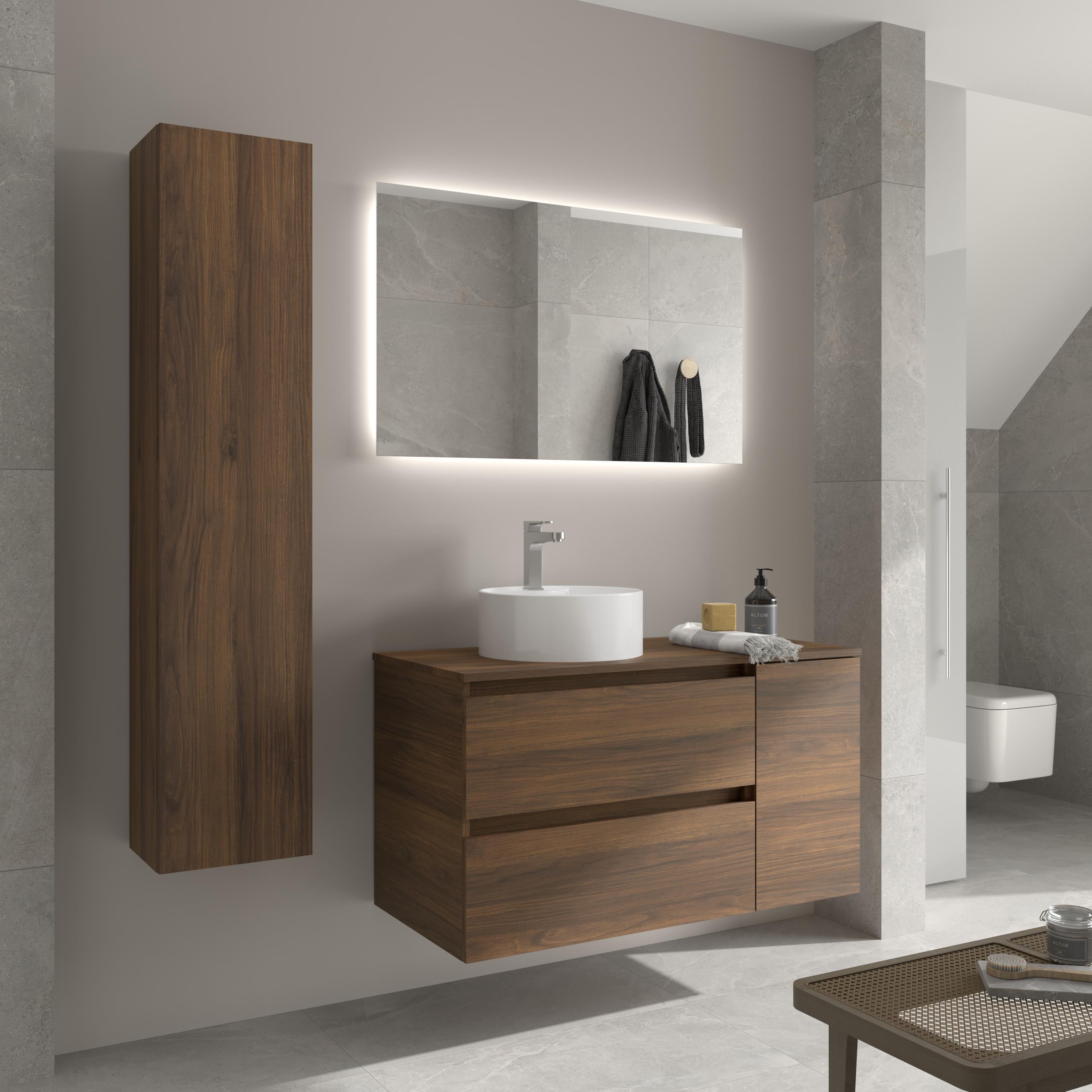 Imagen 3 de Mueble de baño Bequia con Encimera con Lavabo posar con Coqueta 1 puerta - Nogal 100 cm Nogal