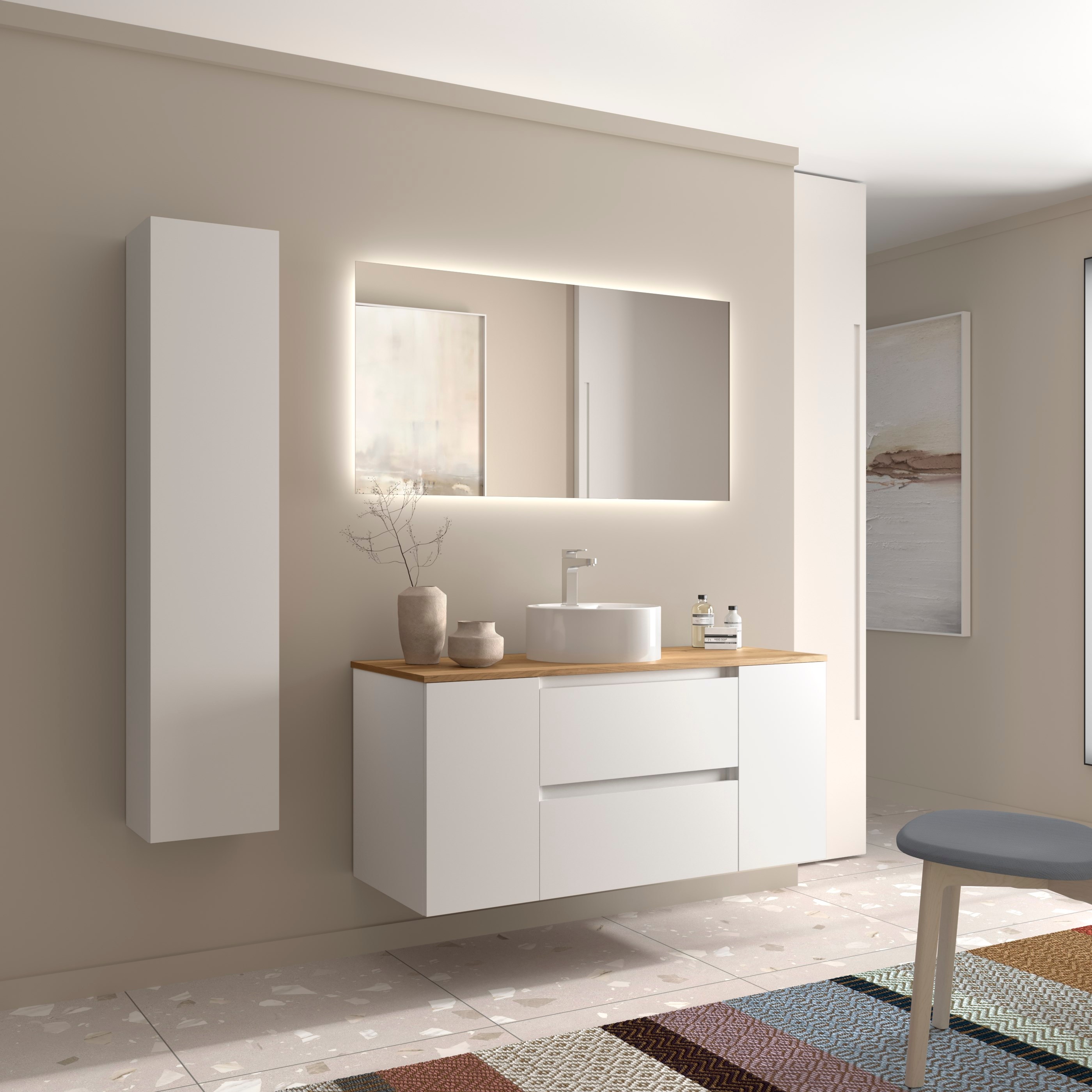 Imagen 3 de Mueble de baño Bequia con Encimera con Lavabo posar con 2 Coquetas 1 puerta - Blanco 120 cm Blanco