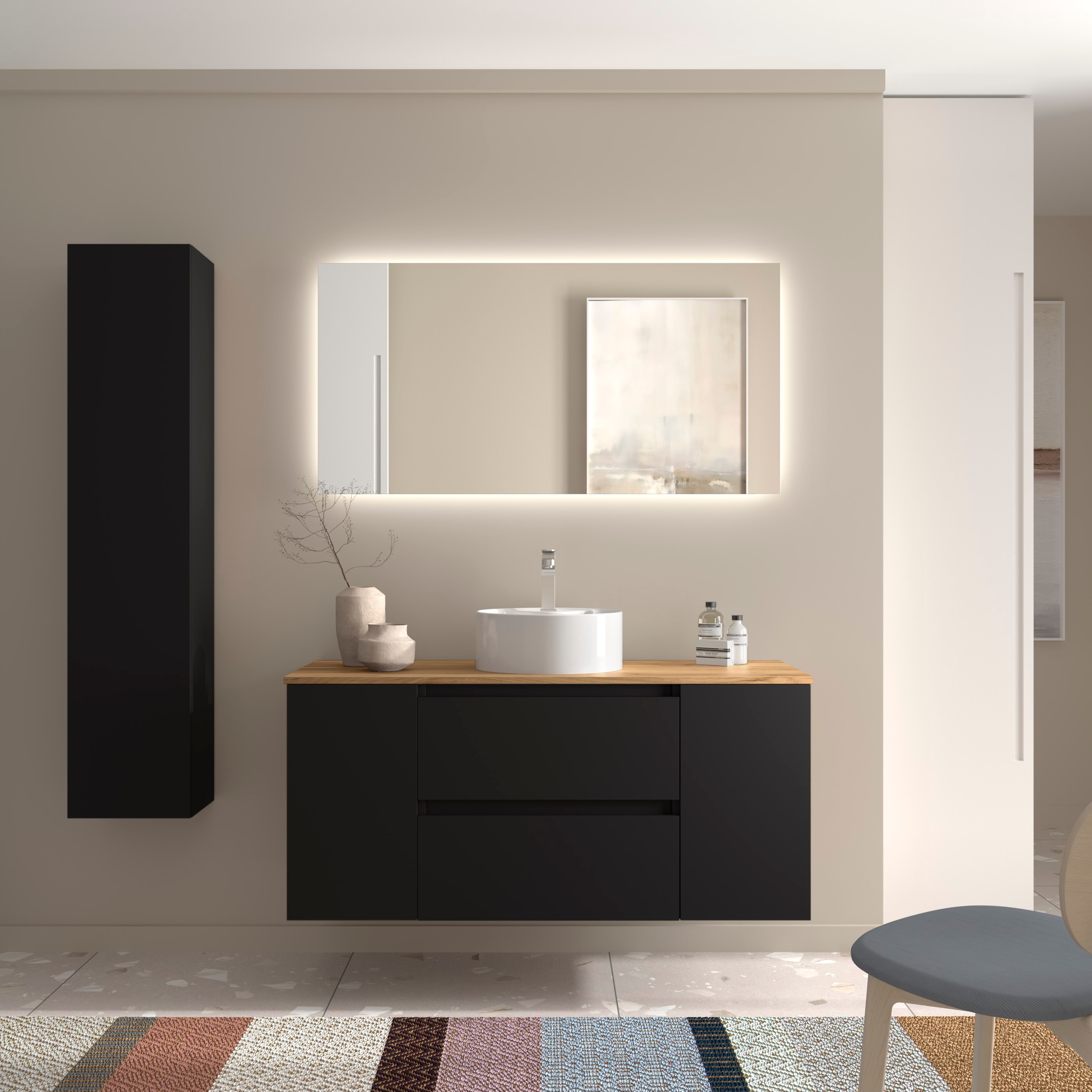 Imagen 2 de Mueble de baño Bequia con Encimera con Lavabo posar con 2 Coquetas 1 puerta - Negro 120 cm Negro